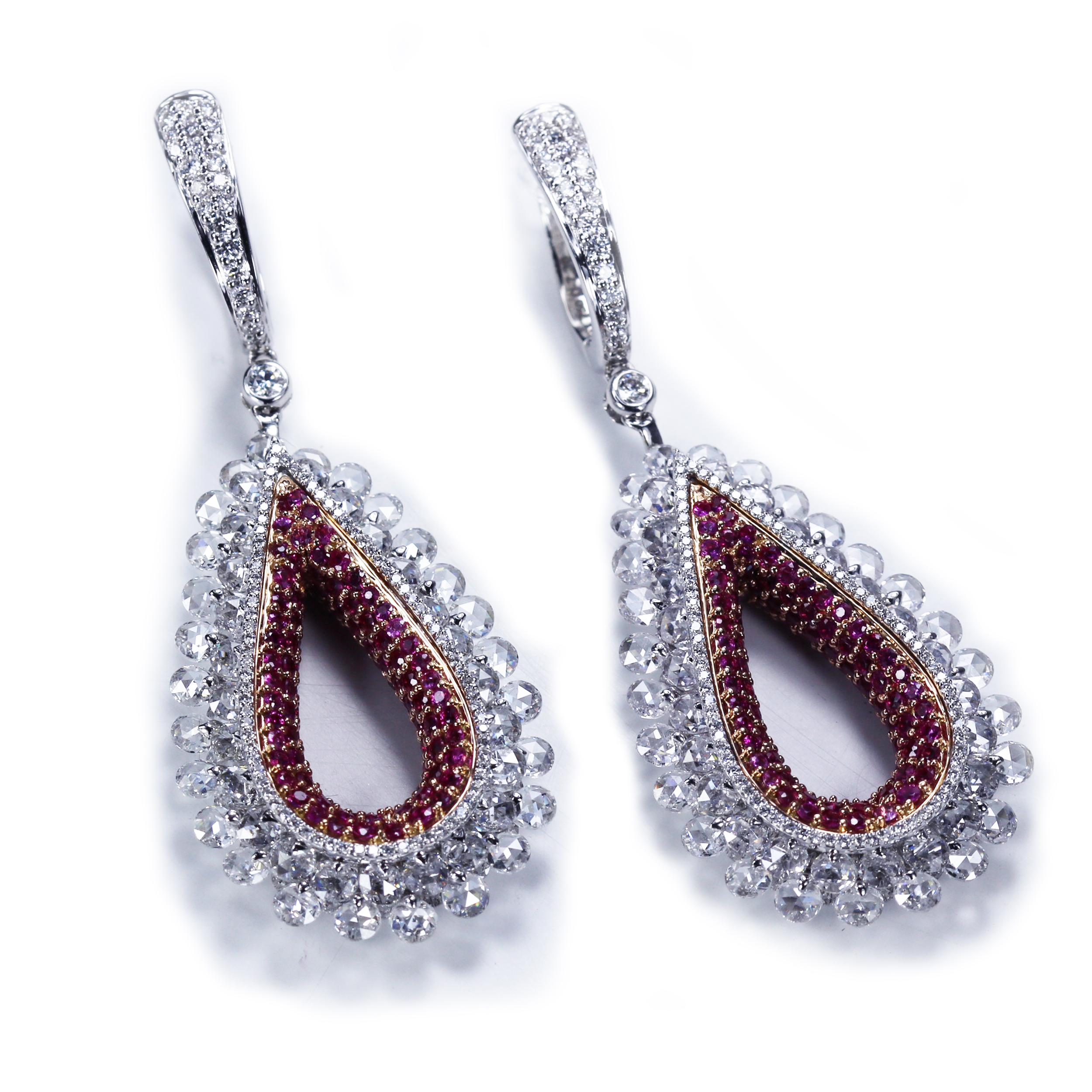 Women's Studio Rêves 18K Rose cut Diamond and Pink Sapphire Tear Drop Dangling Earrings For Sale