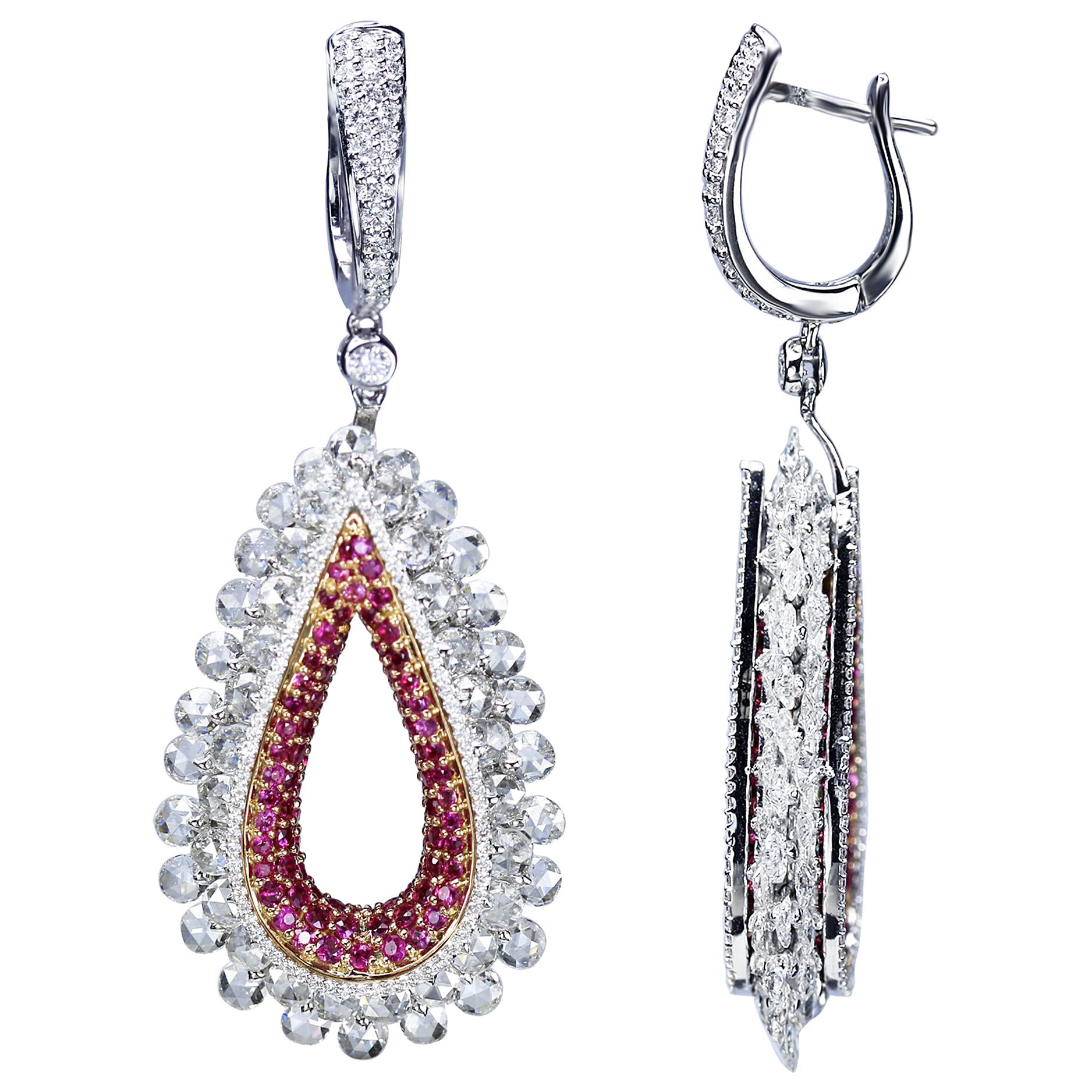 Studio Rêves 18K Rose cut Diamond and Pink Sapphire Tear Drop Dangling Earrings For Sale