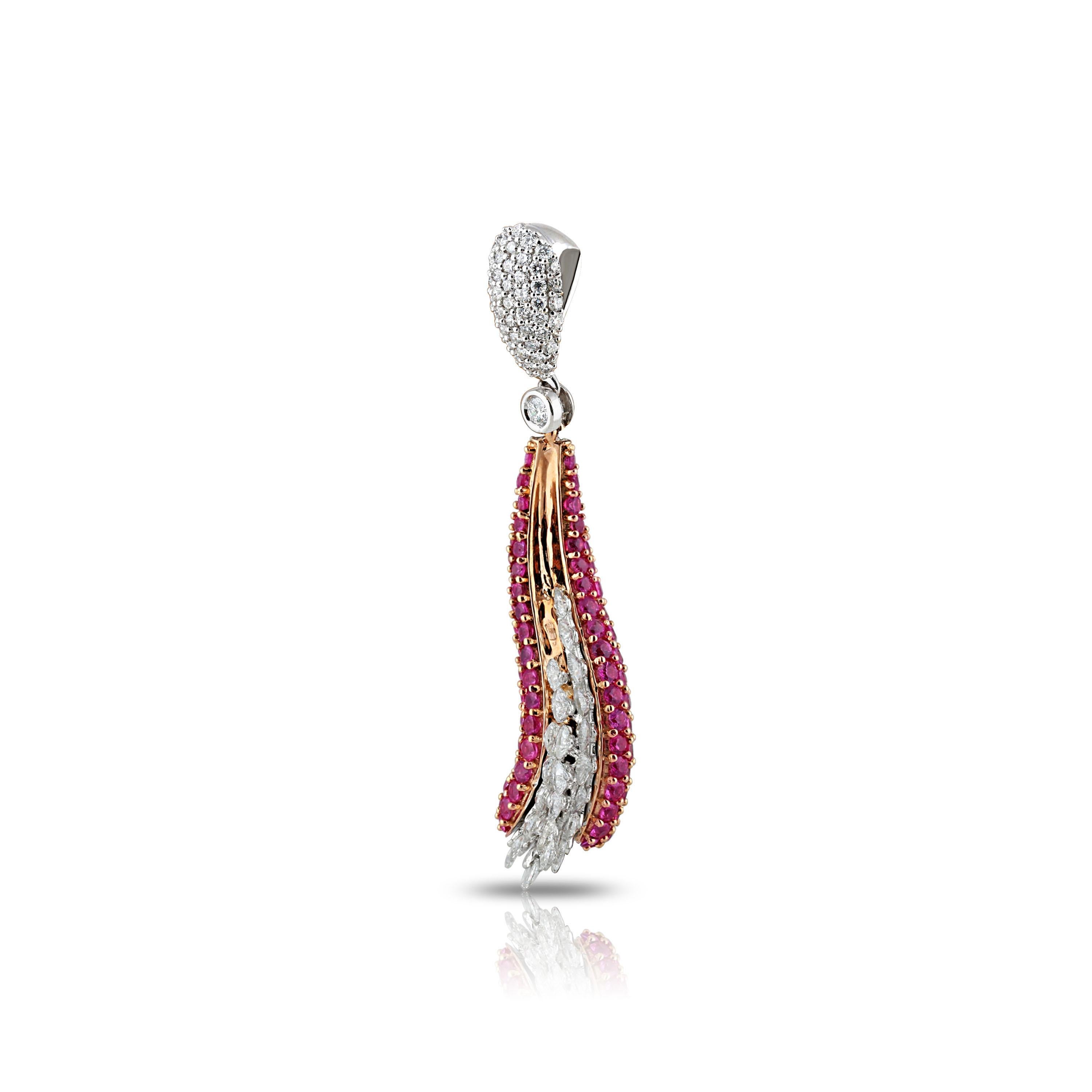Studio Rêves 18 Karat Rose Cut Diamond and Pink Sapphire Wave Pendant For Sale 1