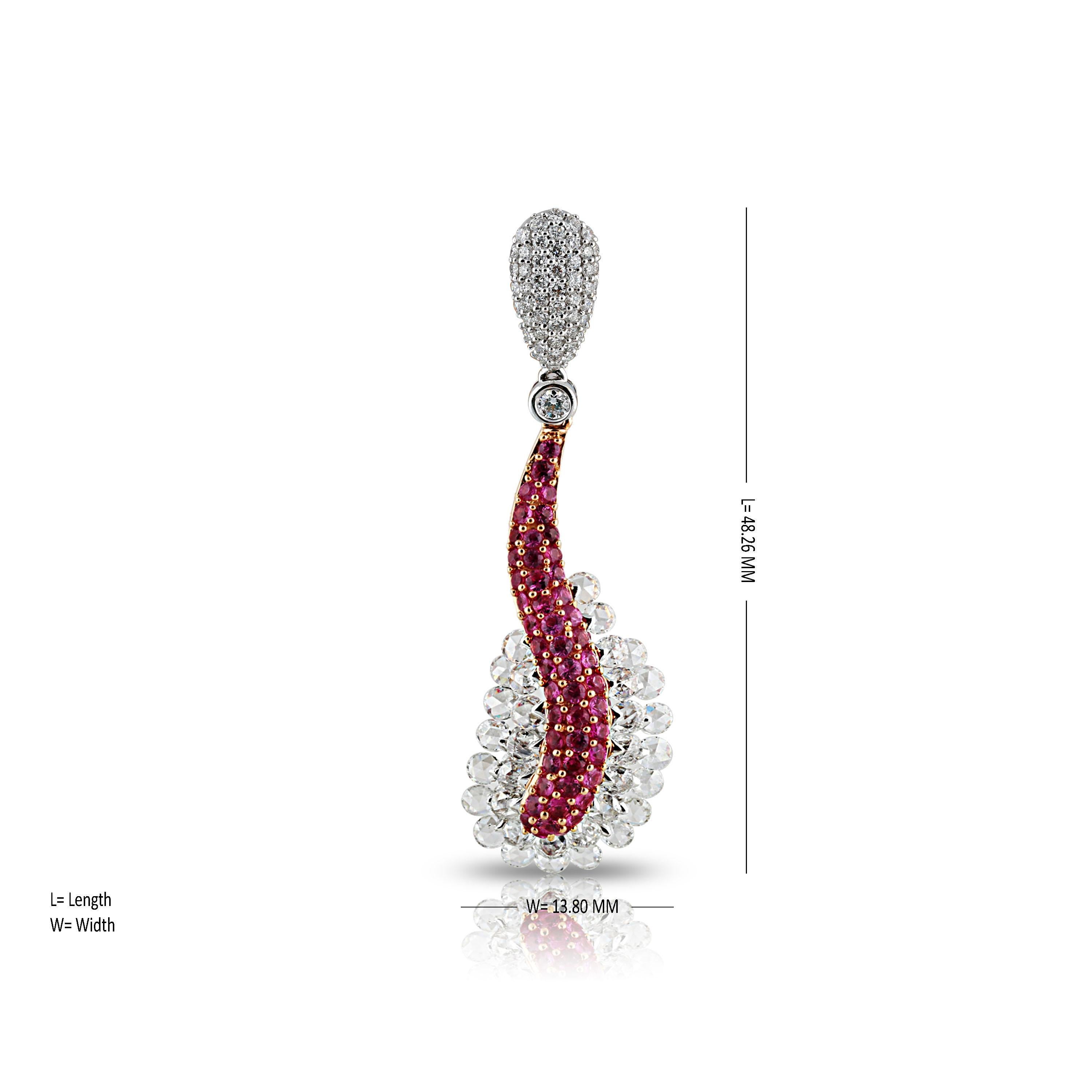 Modern Studio Rêves 18 Karat Rose Cut Diamond and Pink Sapphire Wave Pendant For Sale