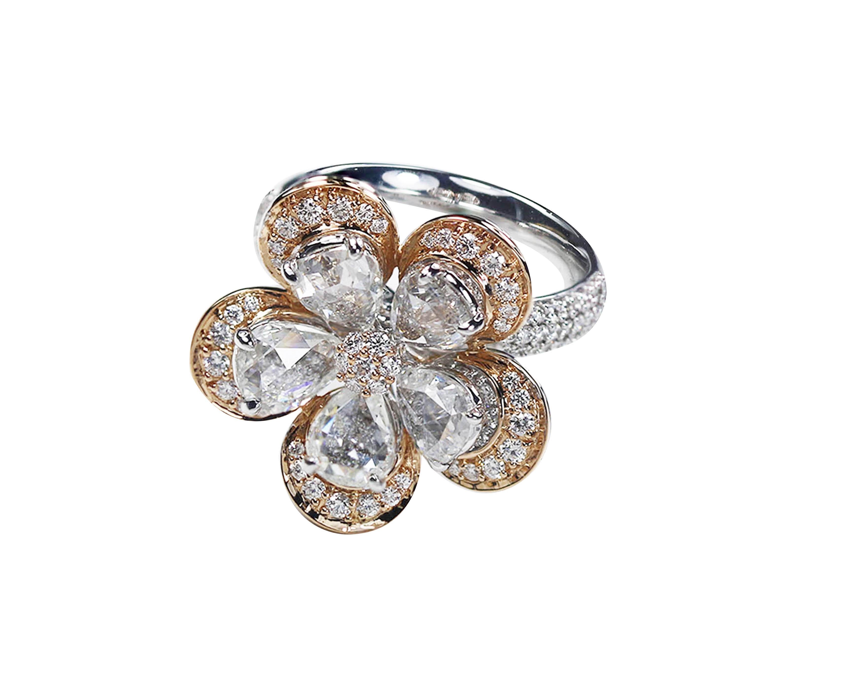 Contemporary Studio Rêves Pear Rose Cut Floral Ring in 18 Karat Rose Gold  For Sale
