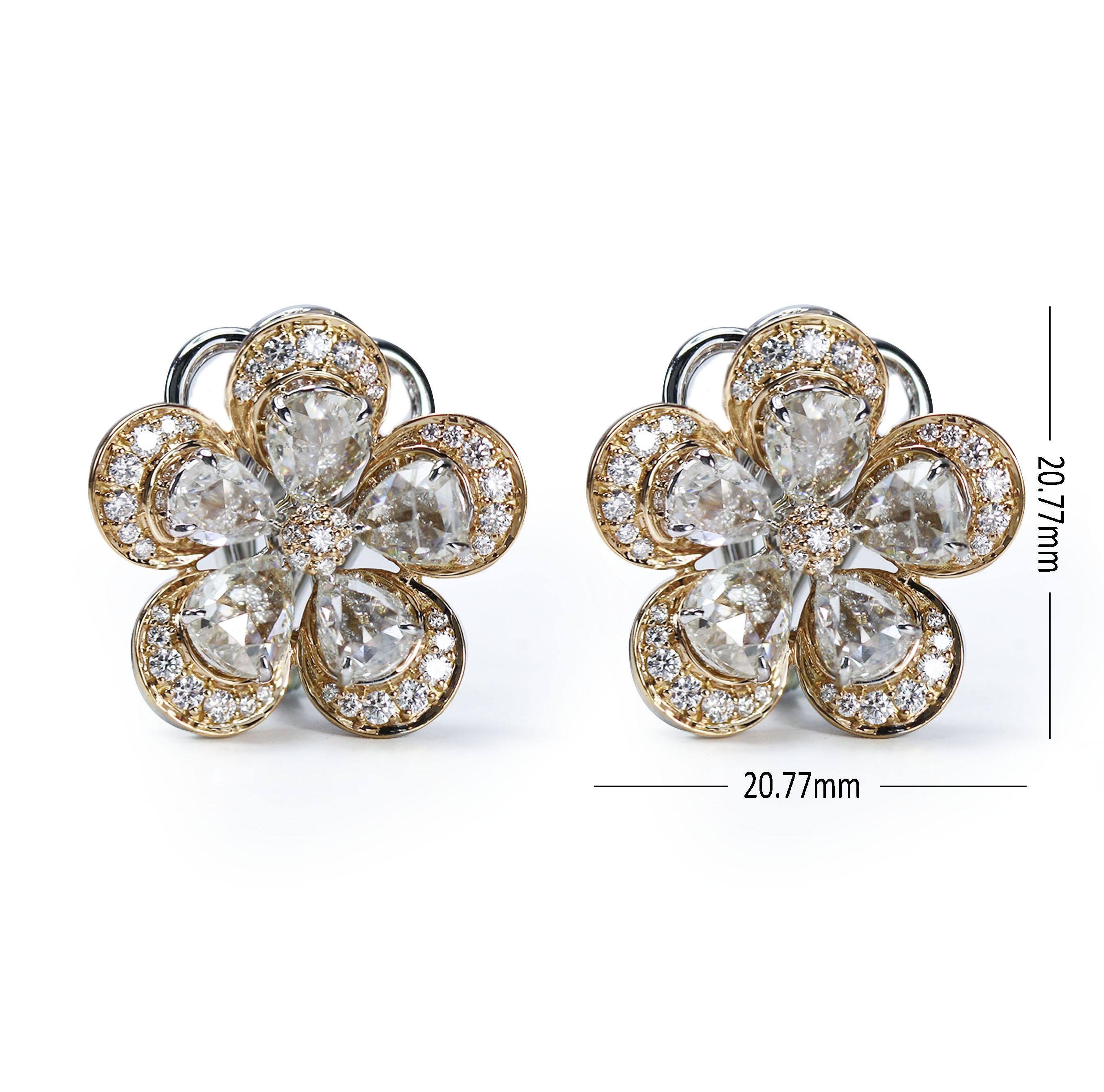 Studio Rêves 18K White and Rose Gold Pear Rose Cut Floral Stud Clip-On Earrings In New Condition For Sale In Mumbai, Maharashtra