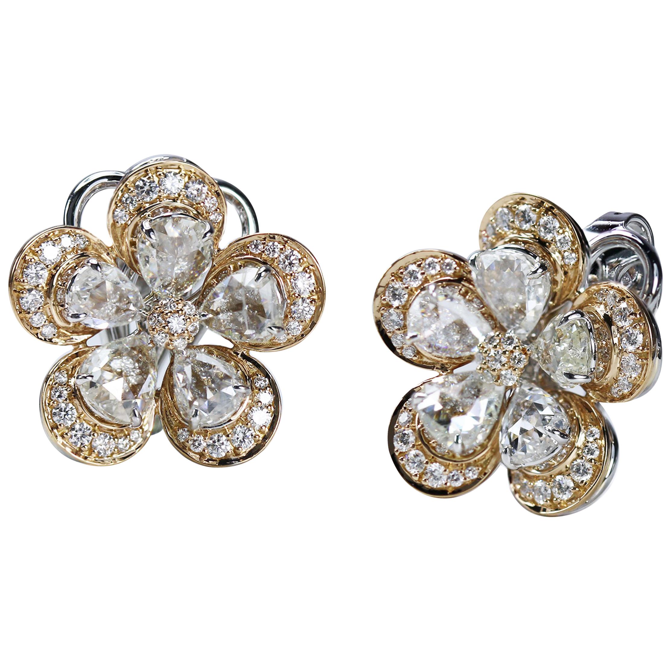Studio Rêves 18K White and Rose Gold Pear Rose Cut Floral Stud Clip-On Earrings For Sale