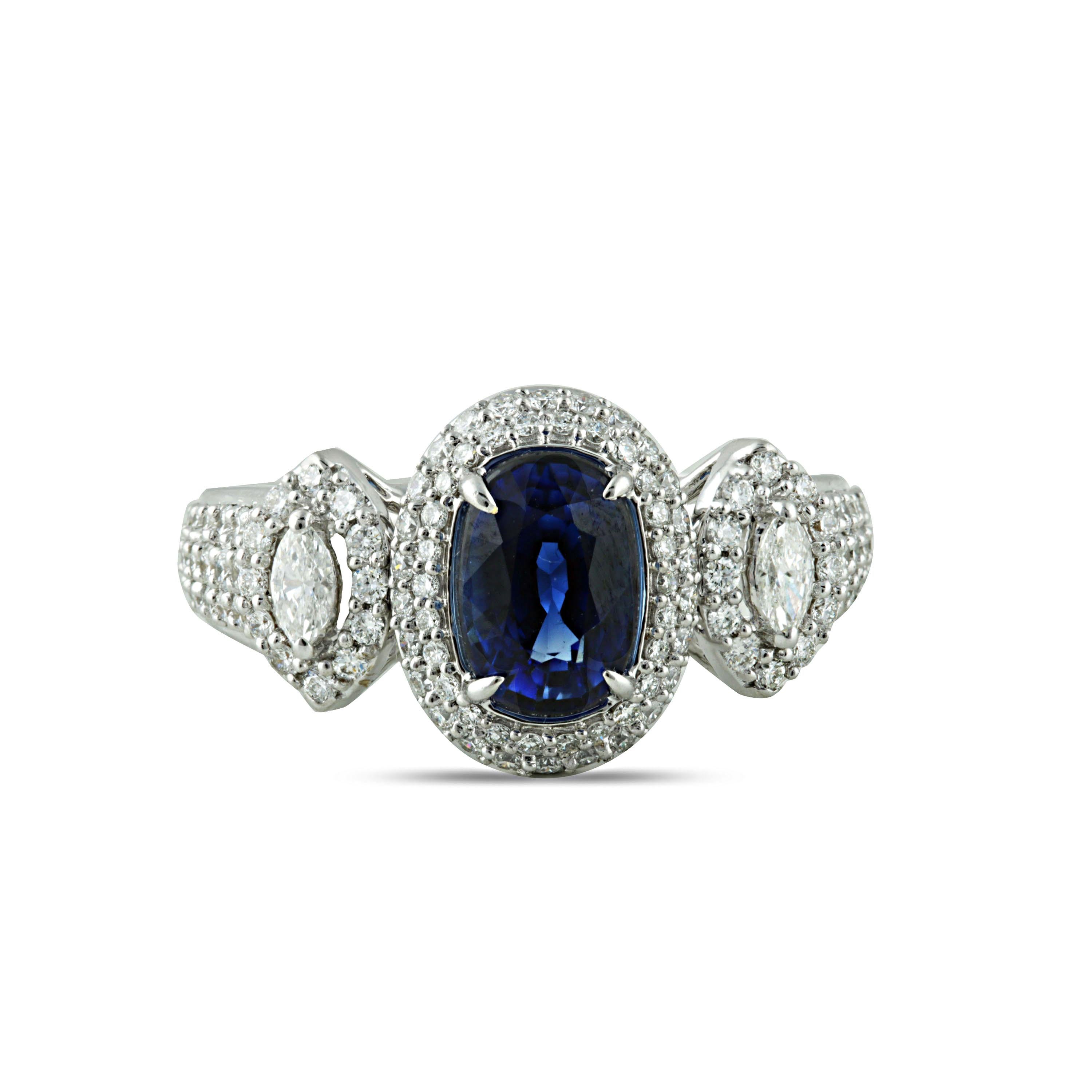 Blue sapphire and diamond ring

A classic style is given a modern twist in this 18K white gold ring studded with blue sapphire and marquise brilliant and round brilliant cut diamonds set in a prong setting. Featuring 123 stones, this ring will