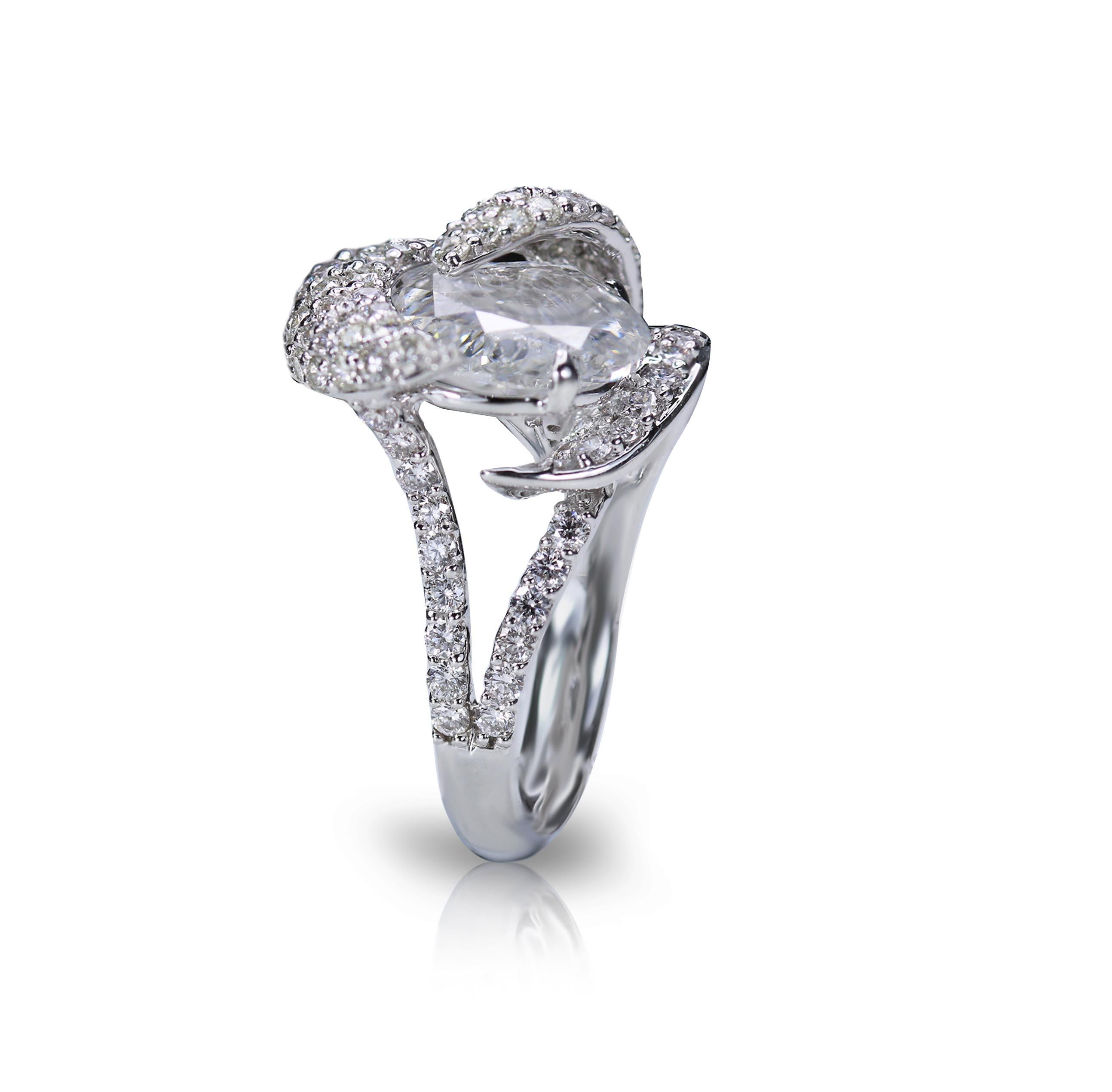 Art Nouveau Studio Rêves 18K White Gold and 3.30 Carat Pear Rose cut Cocktail Ring