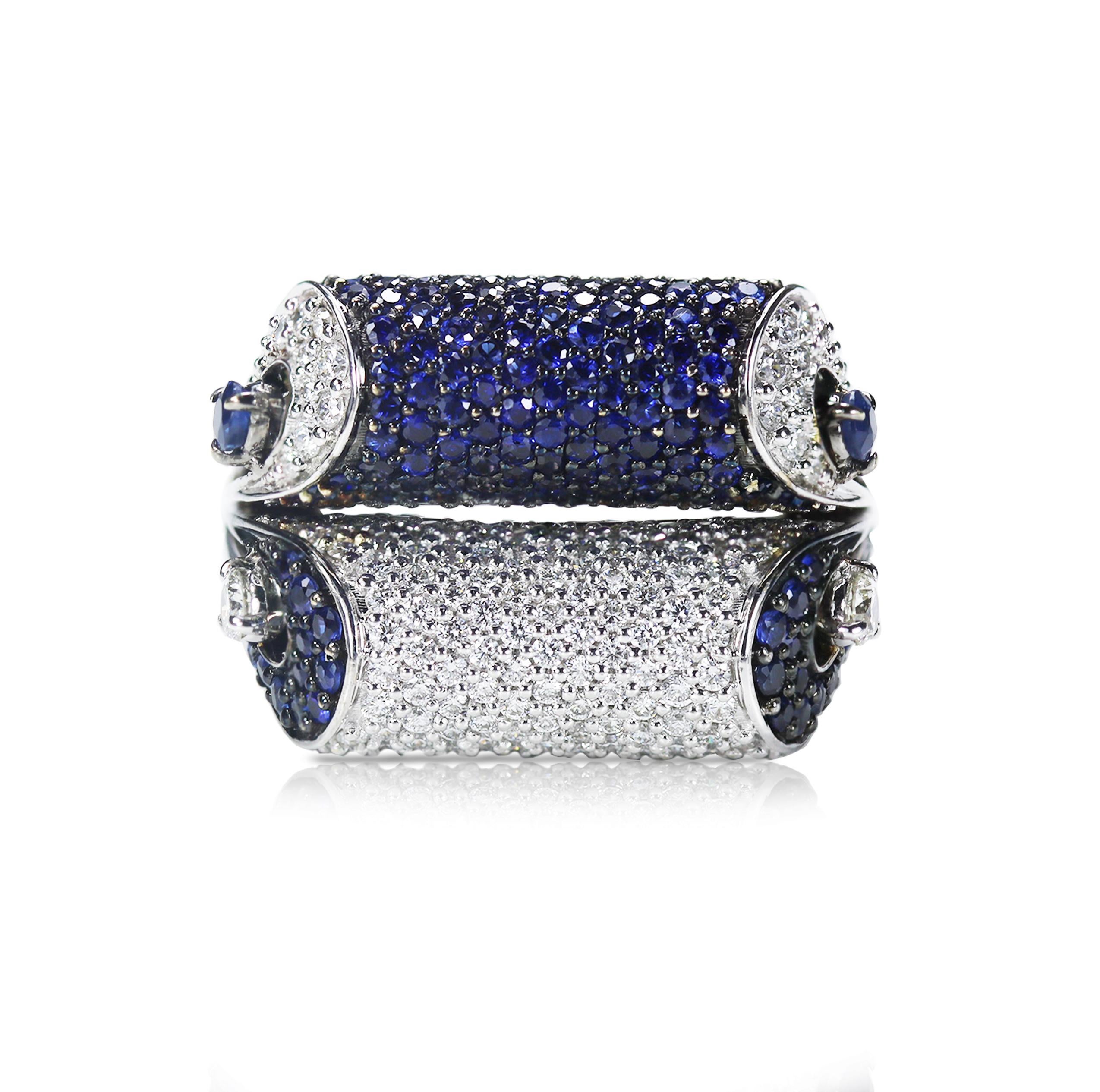 Women's Studio Rêves Blue Sapphire and Diamond Dome Ring in 18 Karat White Gold For Sale