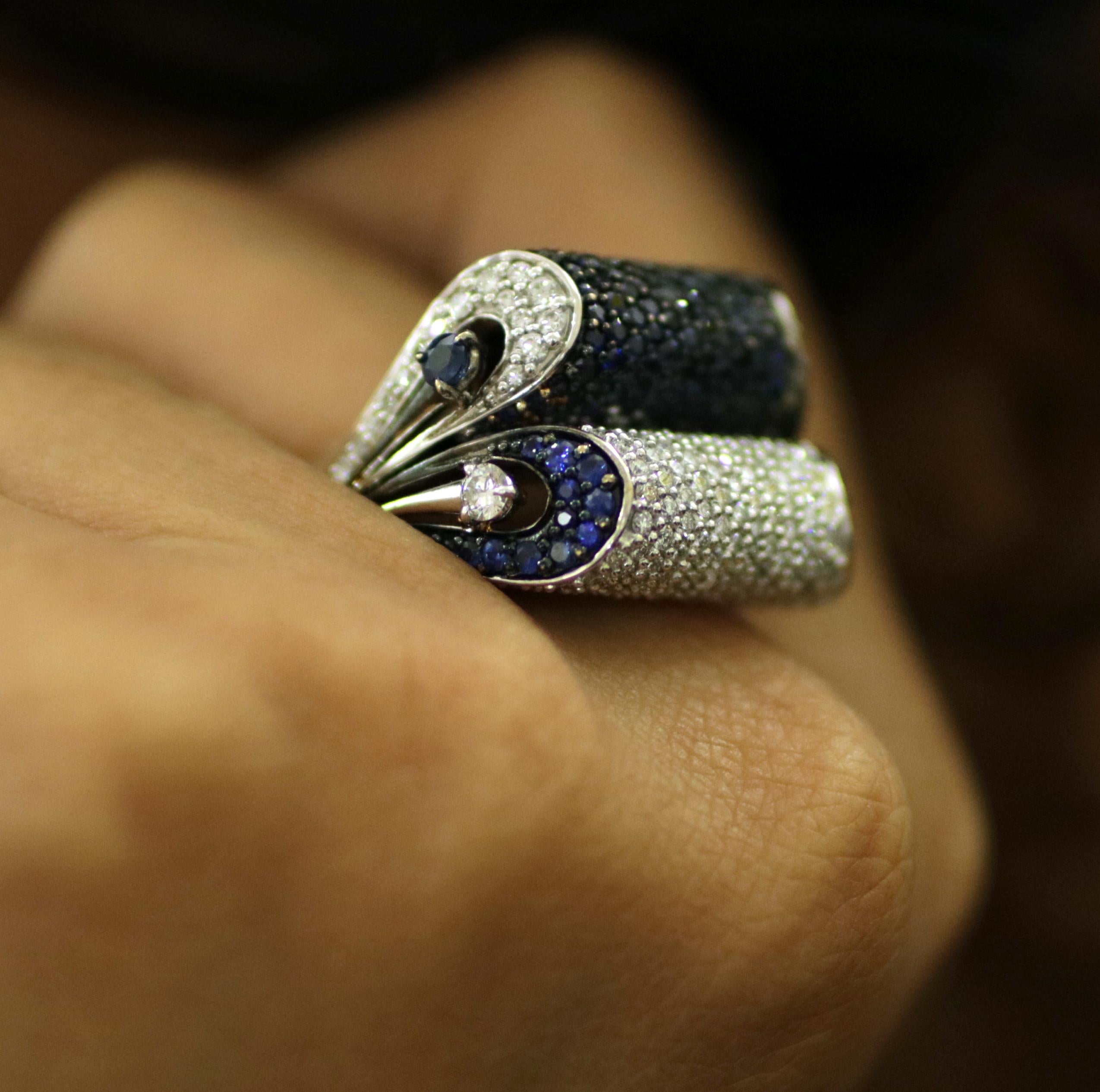 Studio Rêves Blue Sapphire and Diamond Dome Ring in 18 Karat White Gold For Sale 3