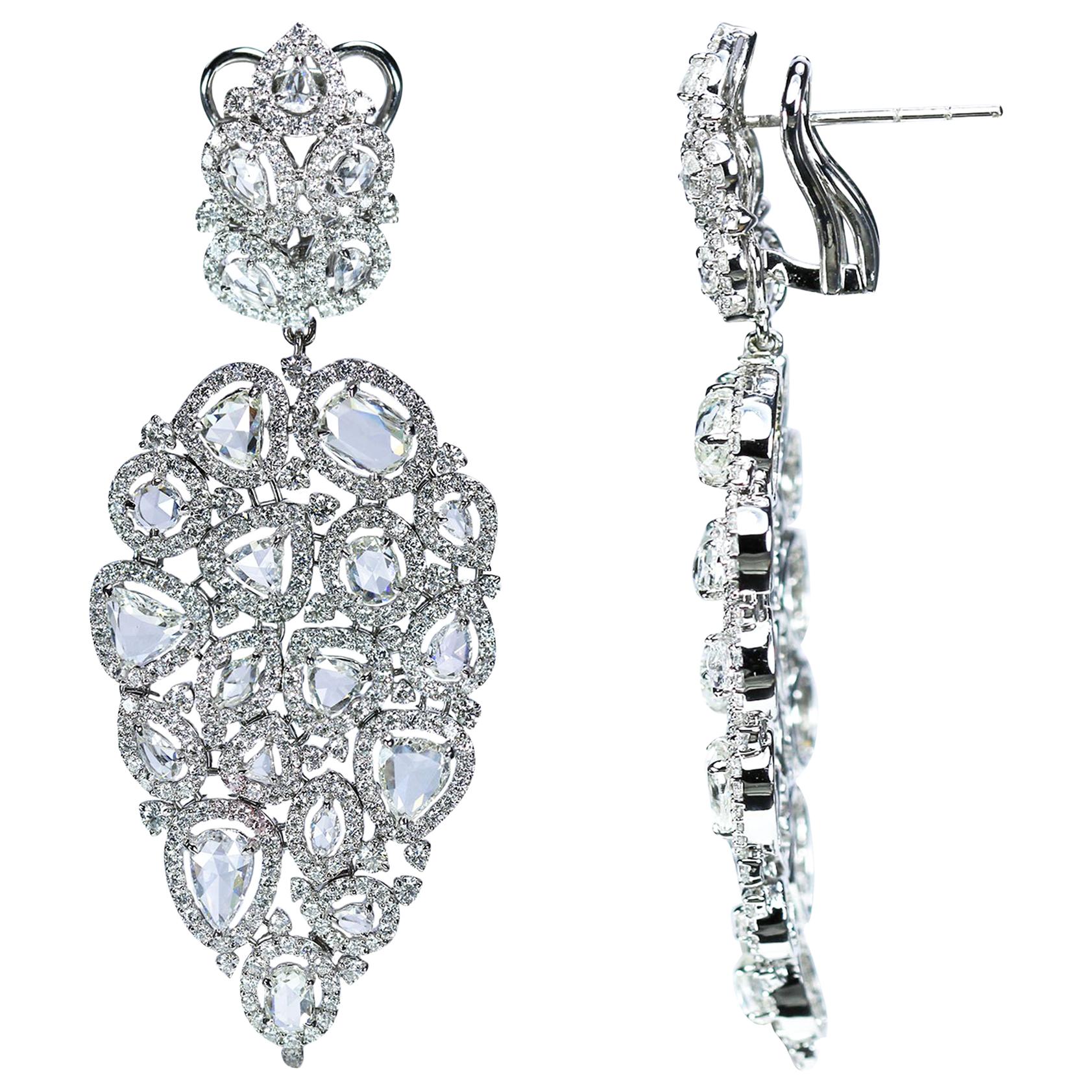 Studio Rêves 18K White Gold Brilliant cut and Rose cut Diamond Dangling Earrings For Sale