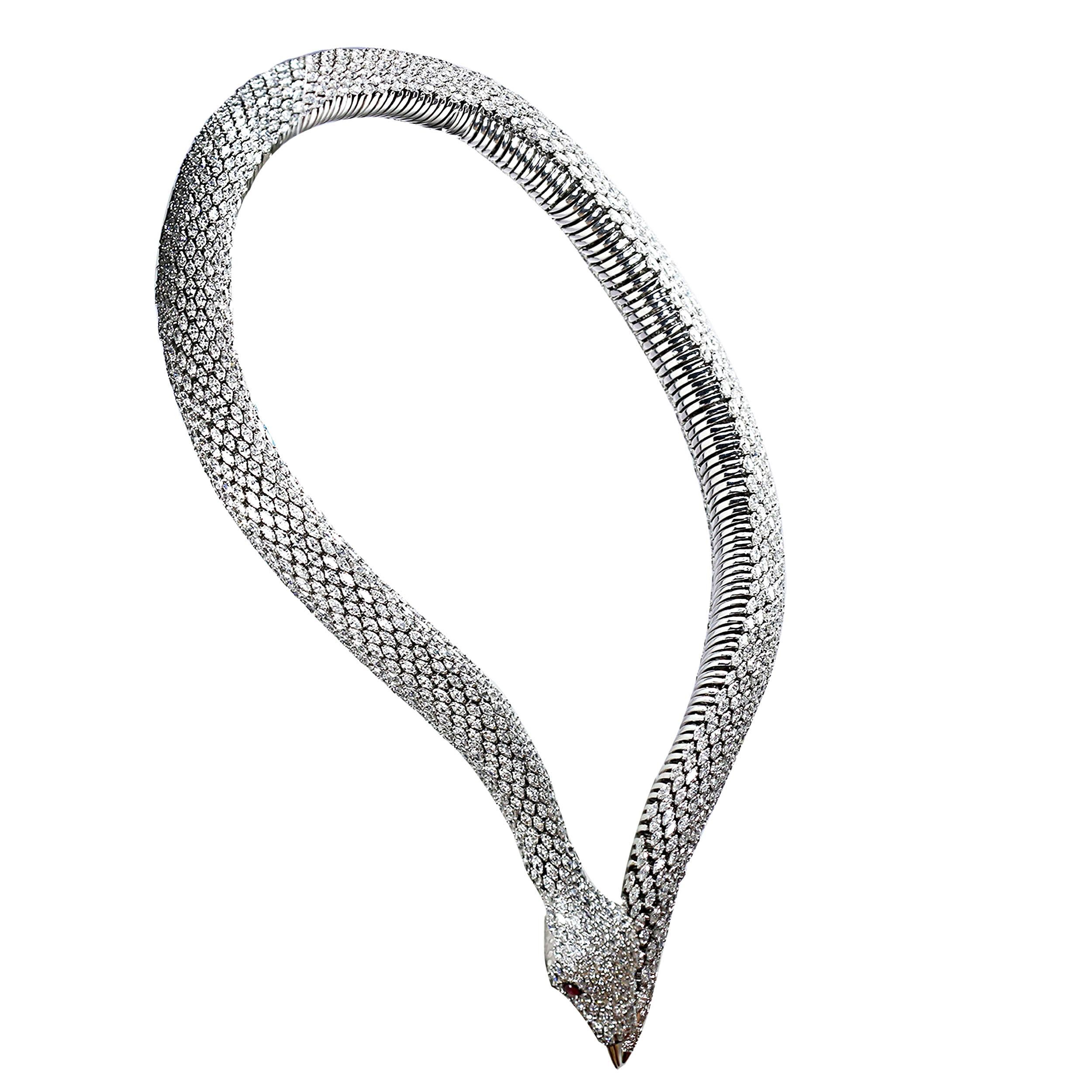 Studio Rêves 18 Karat White Gold Marquise Snake Spring Collar Necklace For Sale 1