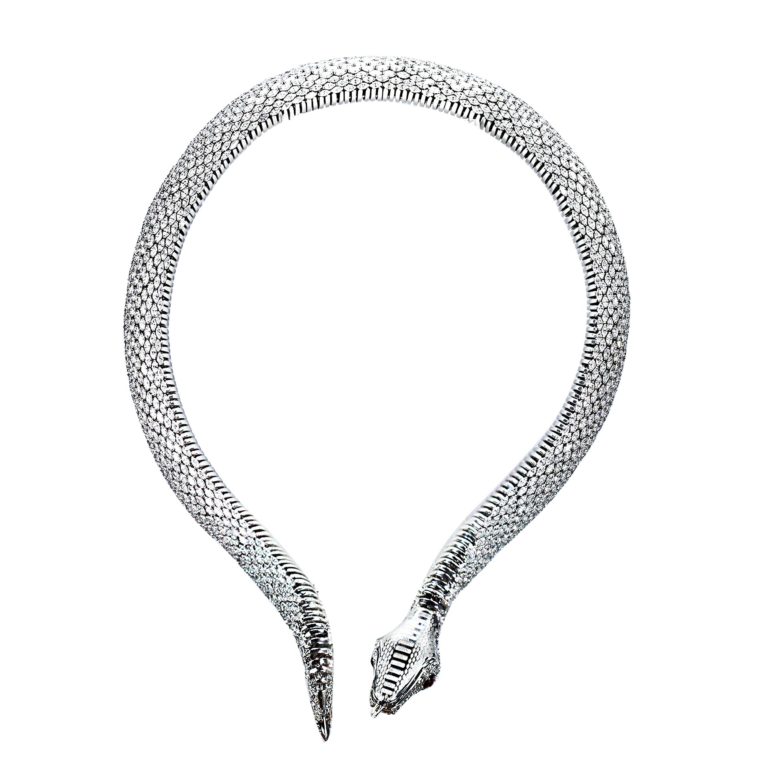 Studio Rêves 18 Karat White Gold Marquise Snake Spring Collar Necklace For Sale 2