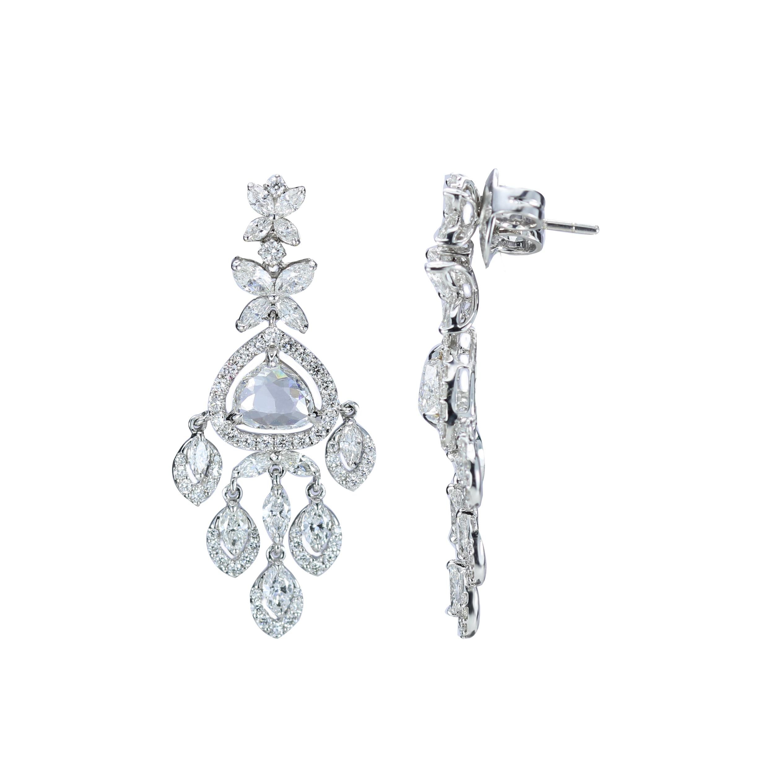 Contemporary Studio Rêves Rose cut and Marquise Diamond Dangling Earrings in 18 Karat Gold For Sale