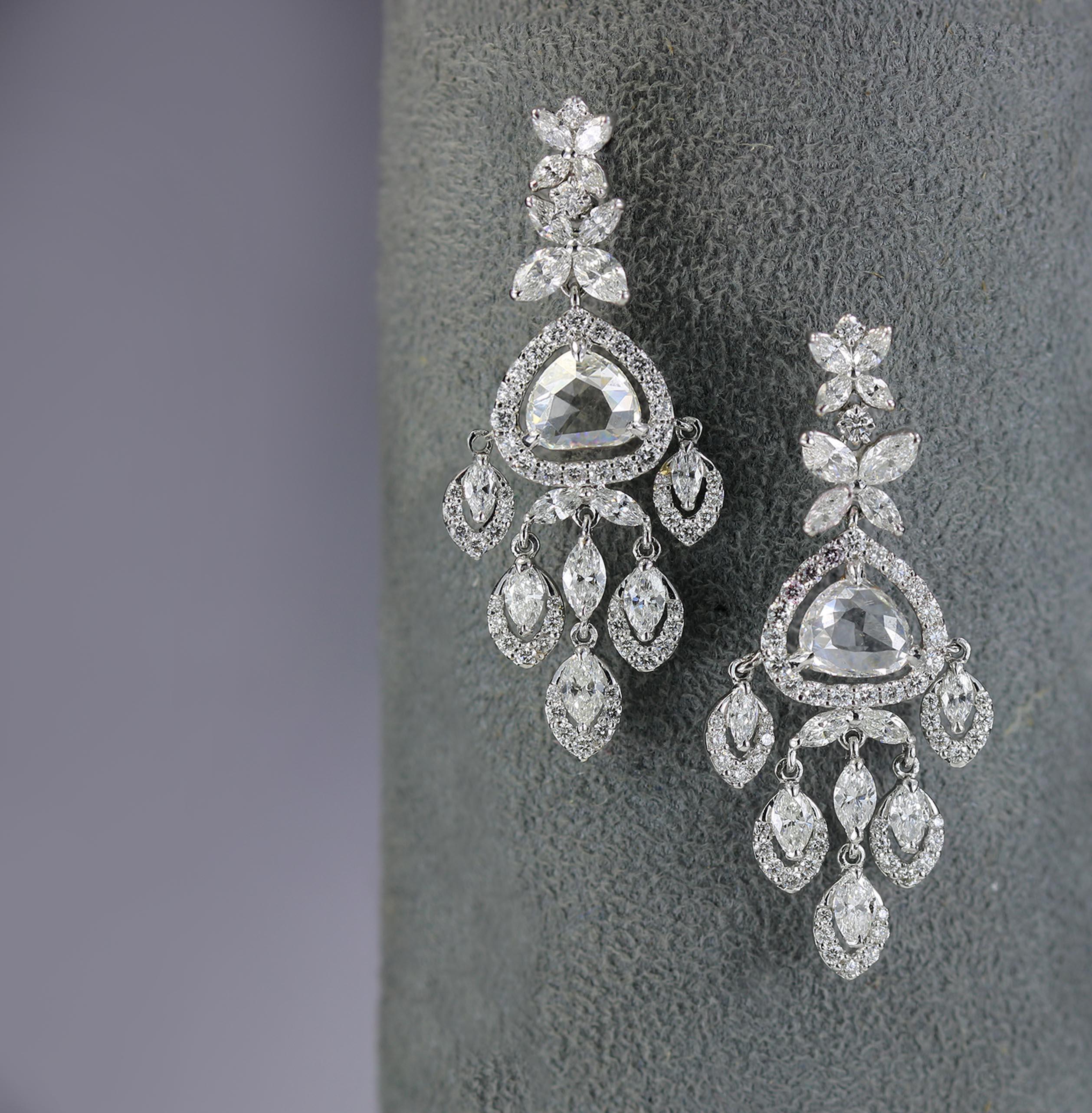 Women's Studio Rêves Rose cut and Marquise Diamond Dangling Earrings in 18 Karat Gold For Sale