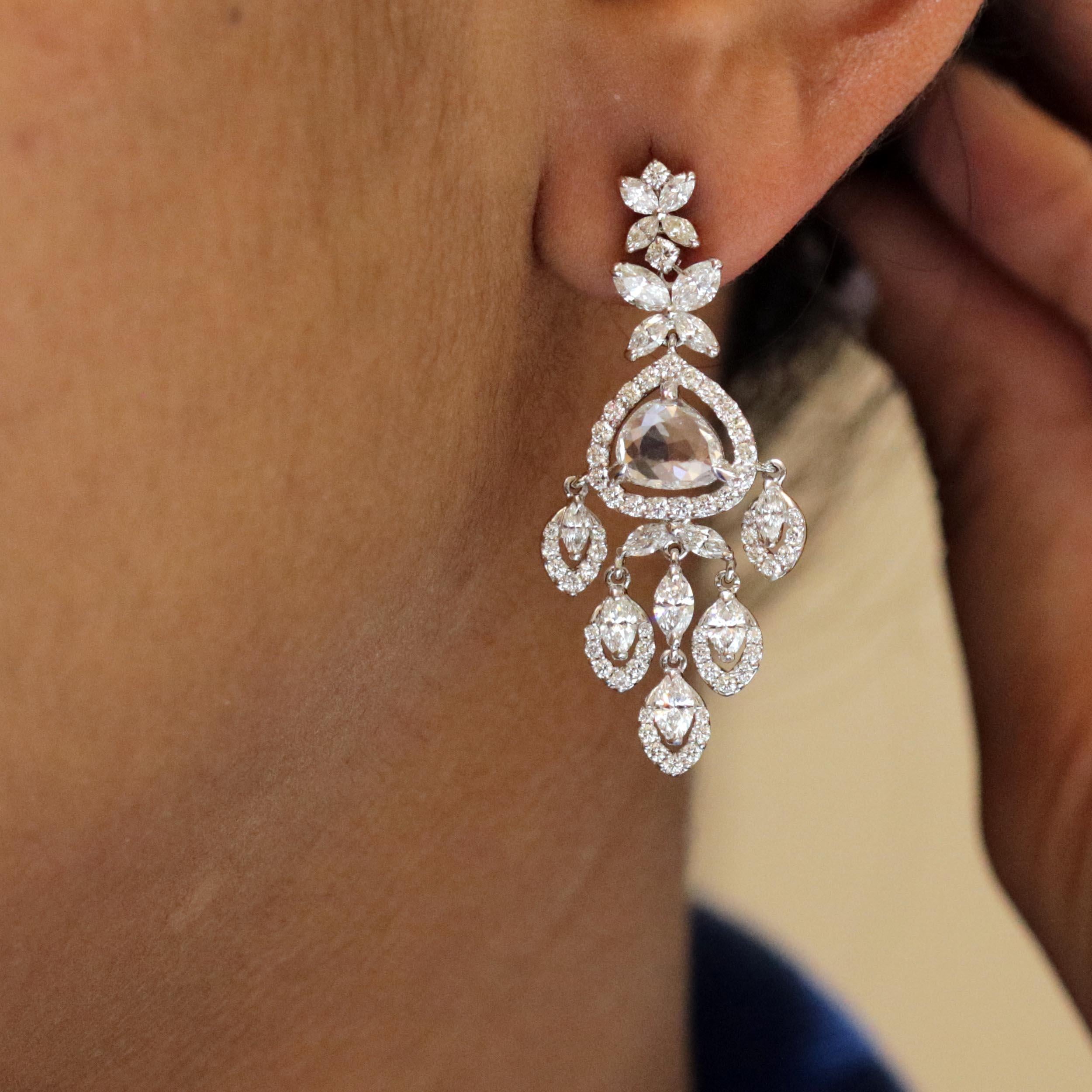 Studio Rêves Rose cut and Marquise Diamond Dangling Earrings in 18 Karat Gold For Sale 1