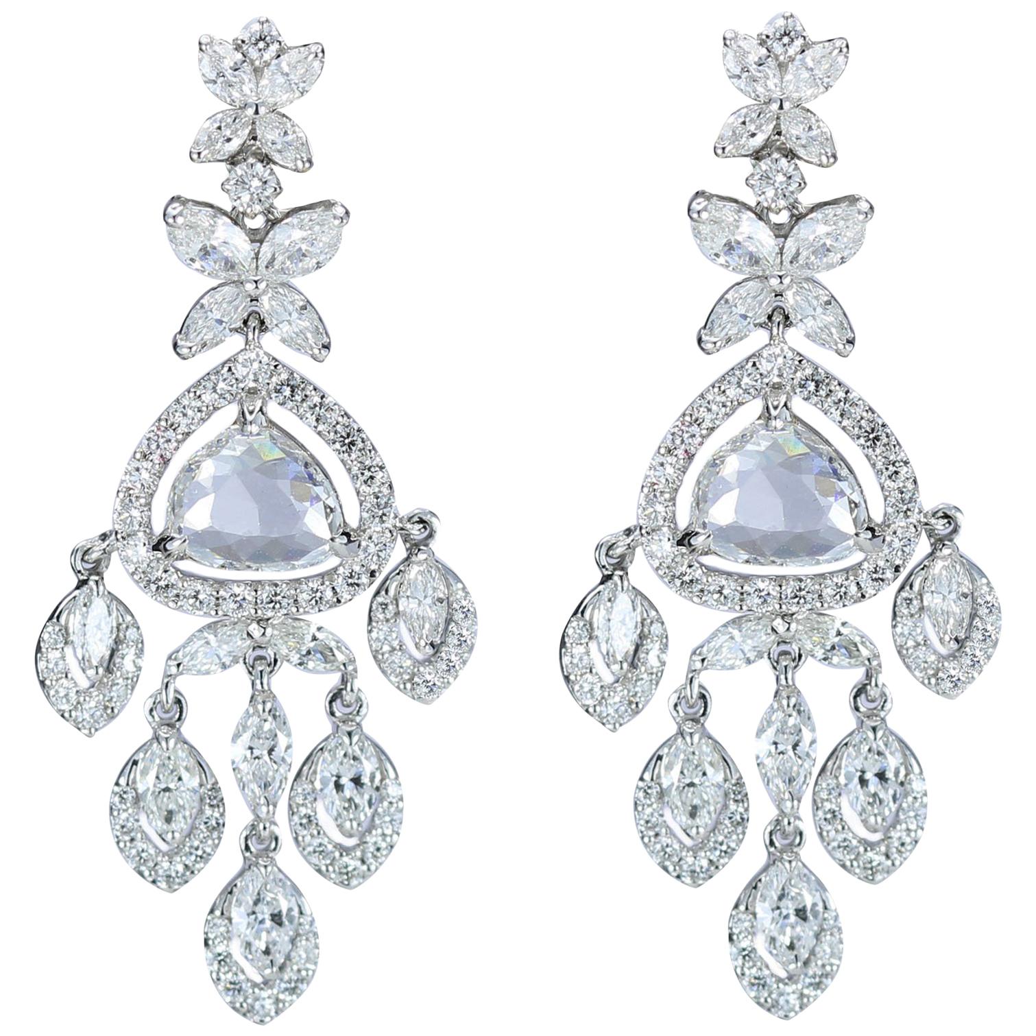 Studio Rêves Rose cut and Marquise Diamond Dangling Earrings in 18 Karat Gold For Sale