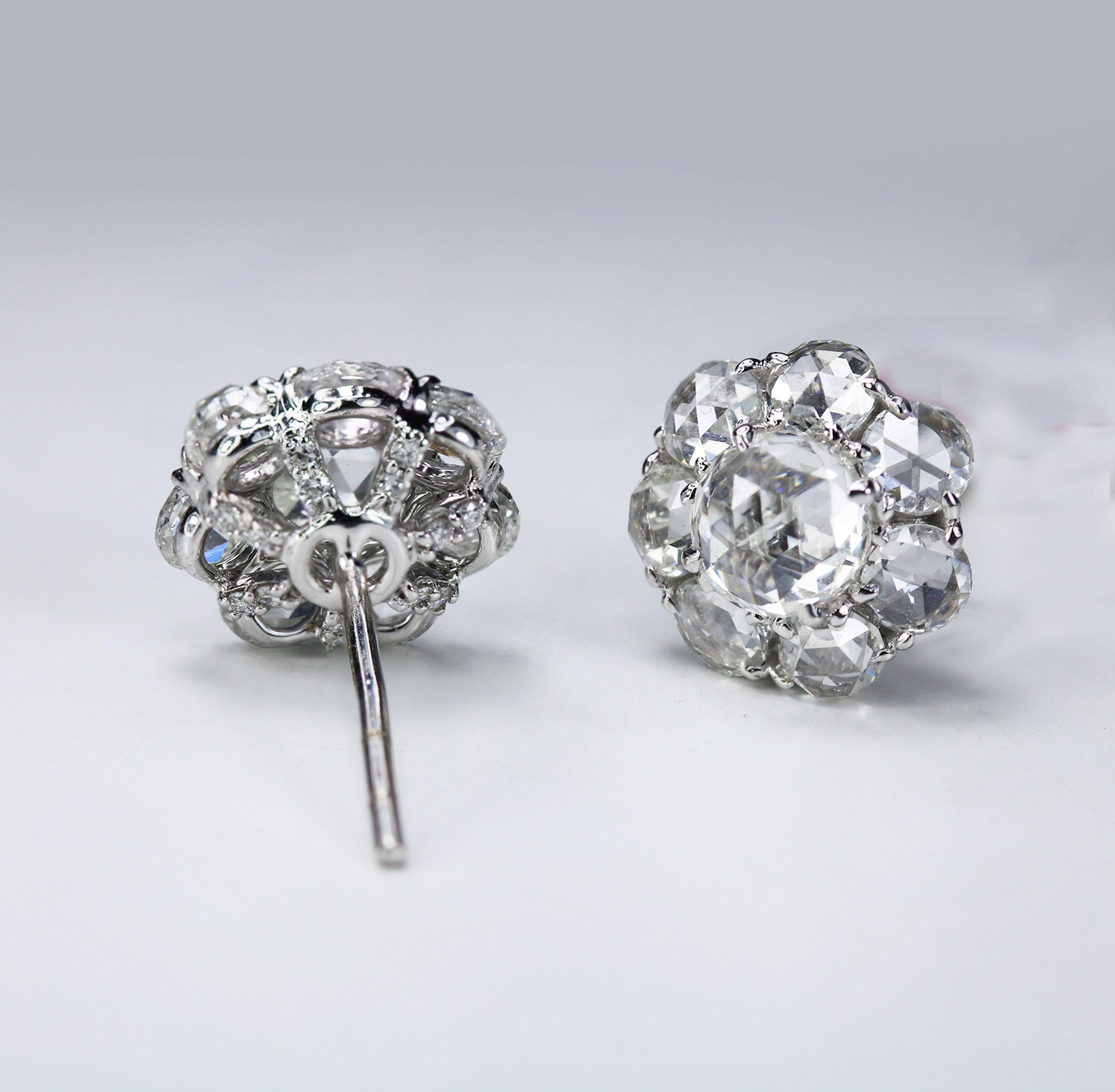 
F-G-H/ VS brilliant cut and rosecut diamond earrings

The classic stud earring gets a regal update with this 18K white gold pair of earrings. Each pair is beautifully set using the prong setting F-G-H/ VS brilliant cut and rosecut diamonds.