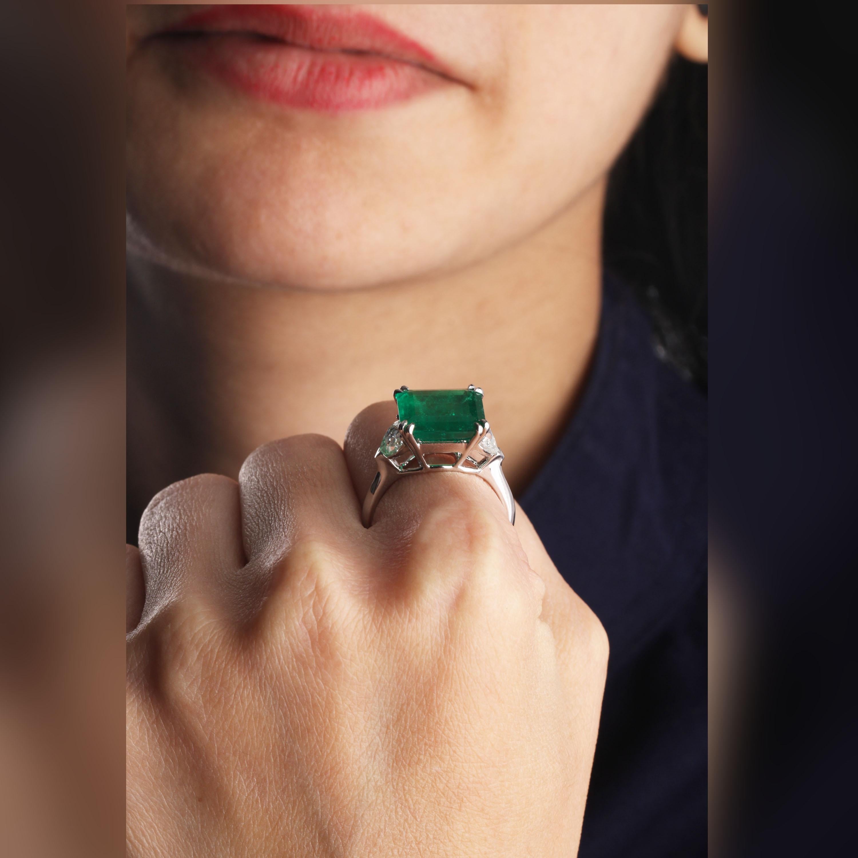 Gross Weight: 8.00 Grams
Diamond Weight: 0.96 cts
Emerald Weight: 5.51 cts
Ring Size: US 6.75  (Resizing can be done)
IGI Certification can be done on request.

Video of the product can be shared on request.

Perfectionism is evident in this
