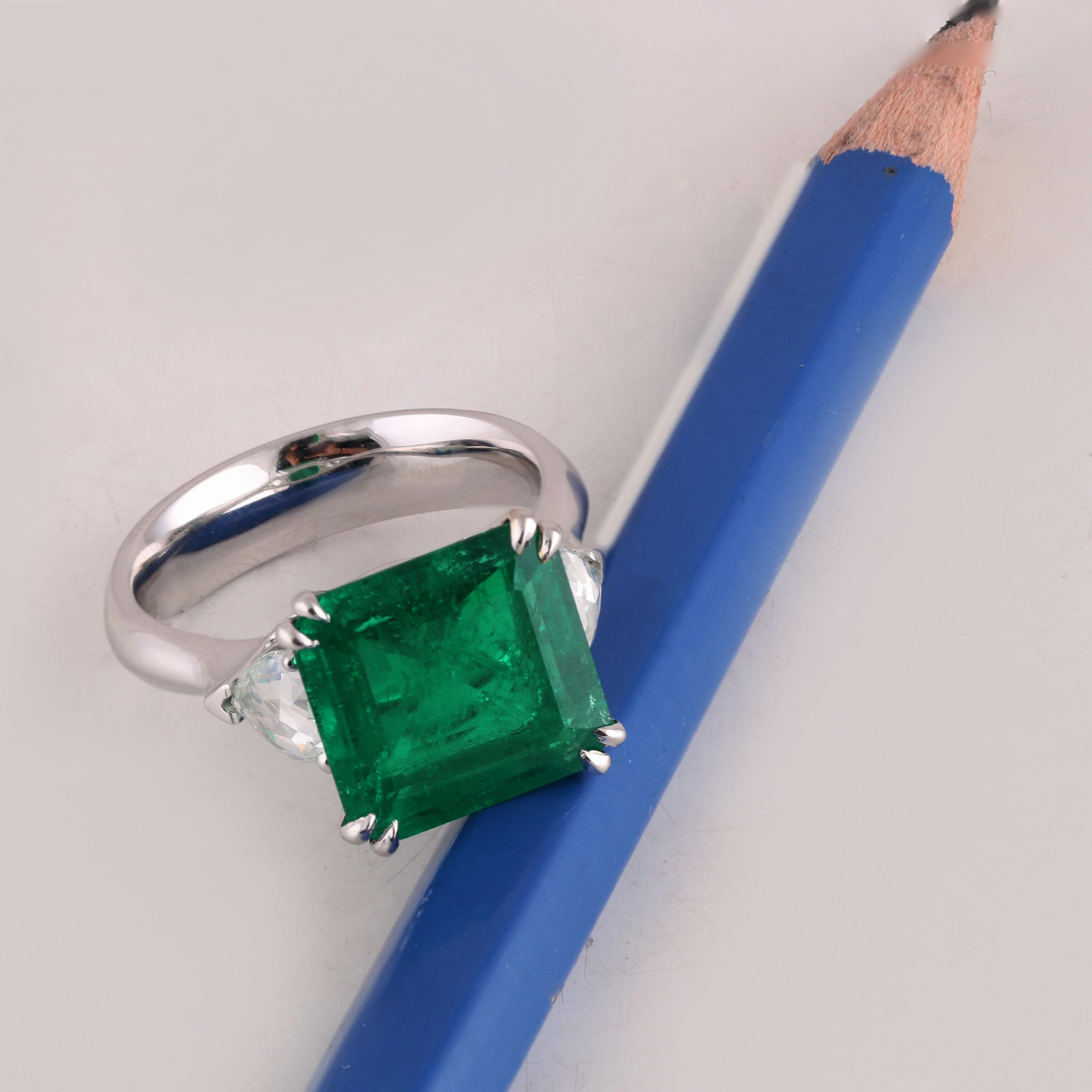 Trillion Cut Studio Rêves 5.51 Carat Emerald and Trillion Rose Cut Diamond Ring For Sale