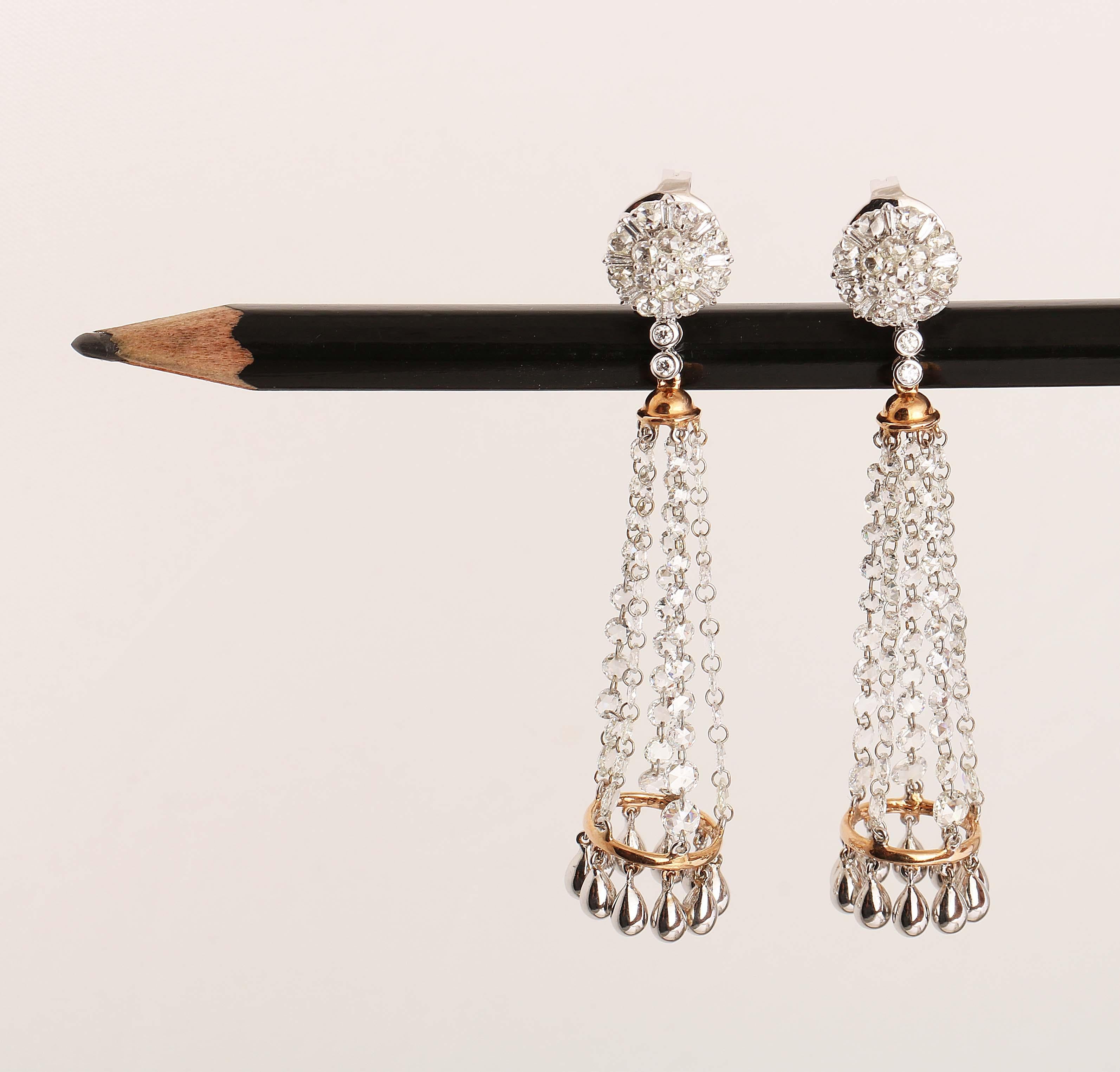 Taglio a rosa Studio Rêves Orecchini Chandelier con Borchie di Diamanti da 5,90 Carati in Oro 18K in vendita