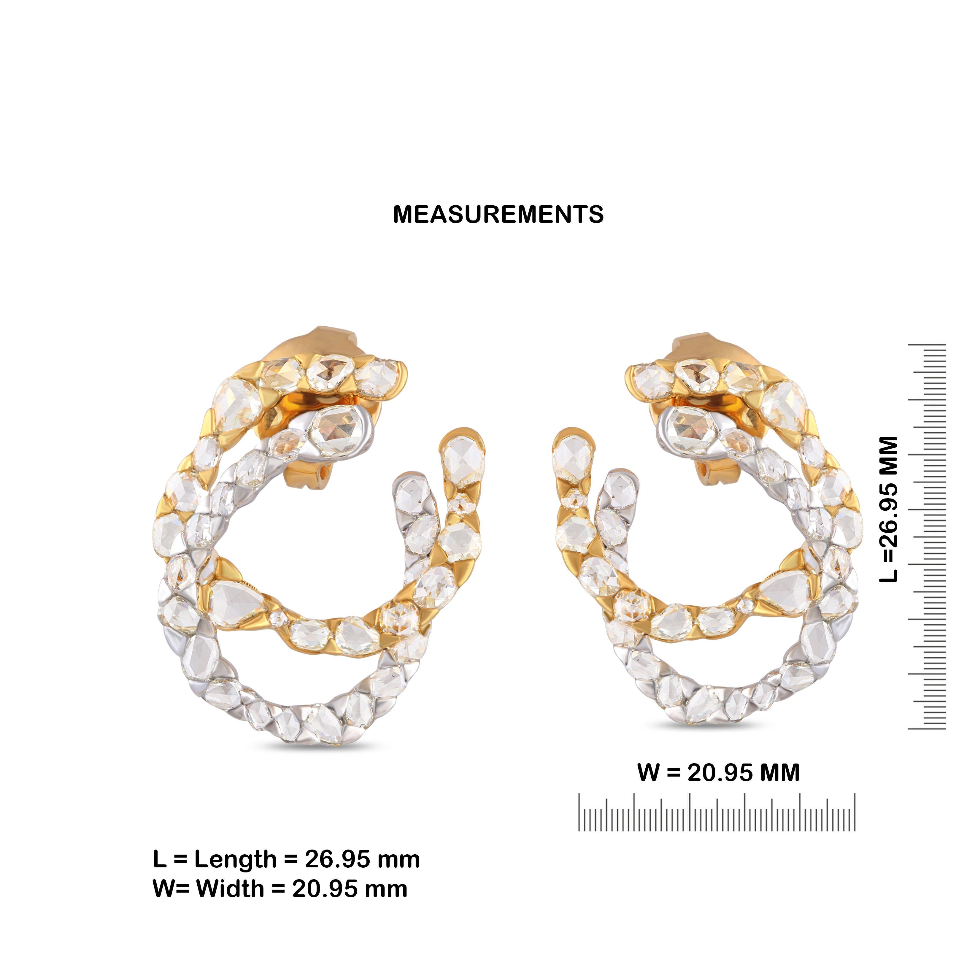 Gross Weight: 8.32 Grams
Diamond Weight: 4.25 cts
IGI Certification can be done on request.

Video of the product can be shared on request

These earrings are in asymmetrical circular form, fabricated in two gold karatage that is combination of 18