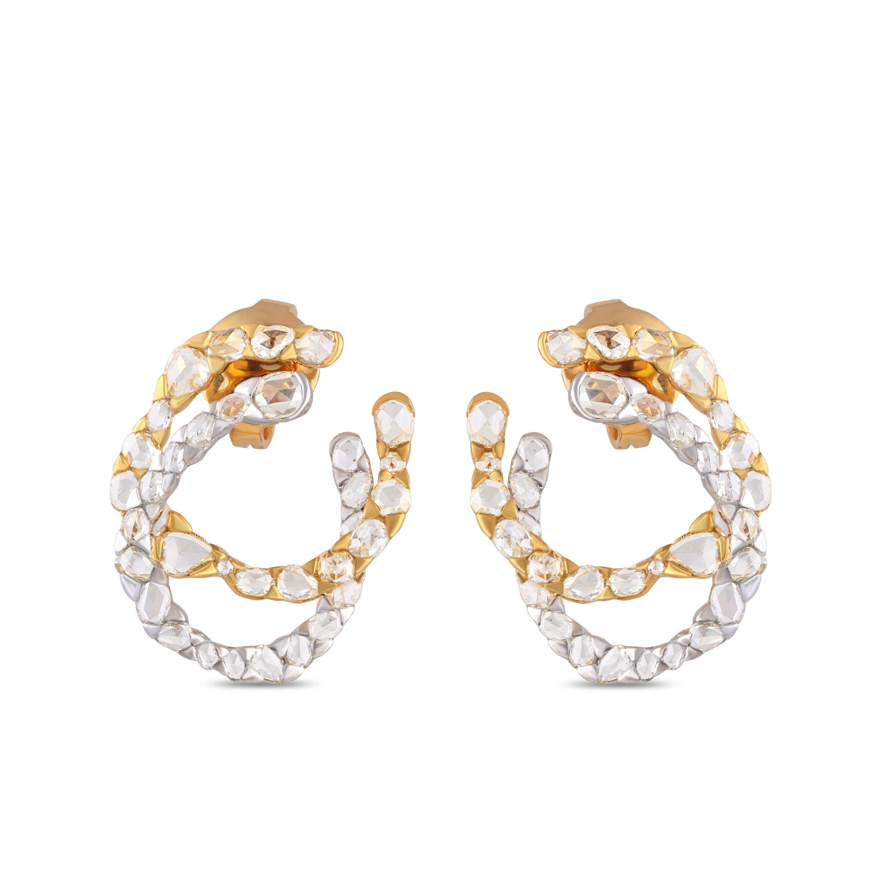 Contemporary Studio Rêves Asymmetrical-Fancy Rosecut Diamond Stud Earrings in 18 Karat Gold For Sale