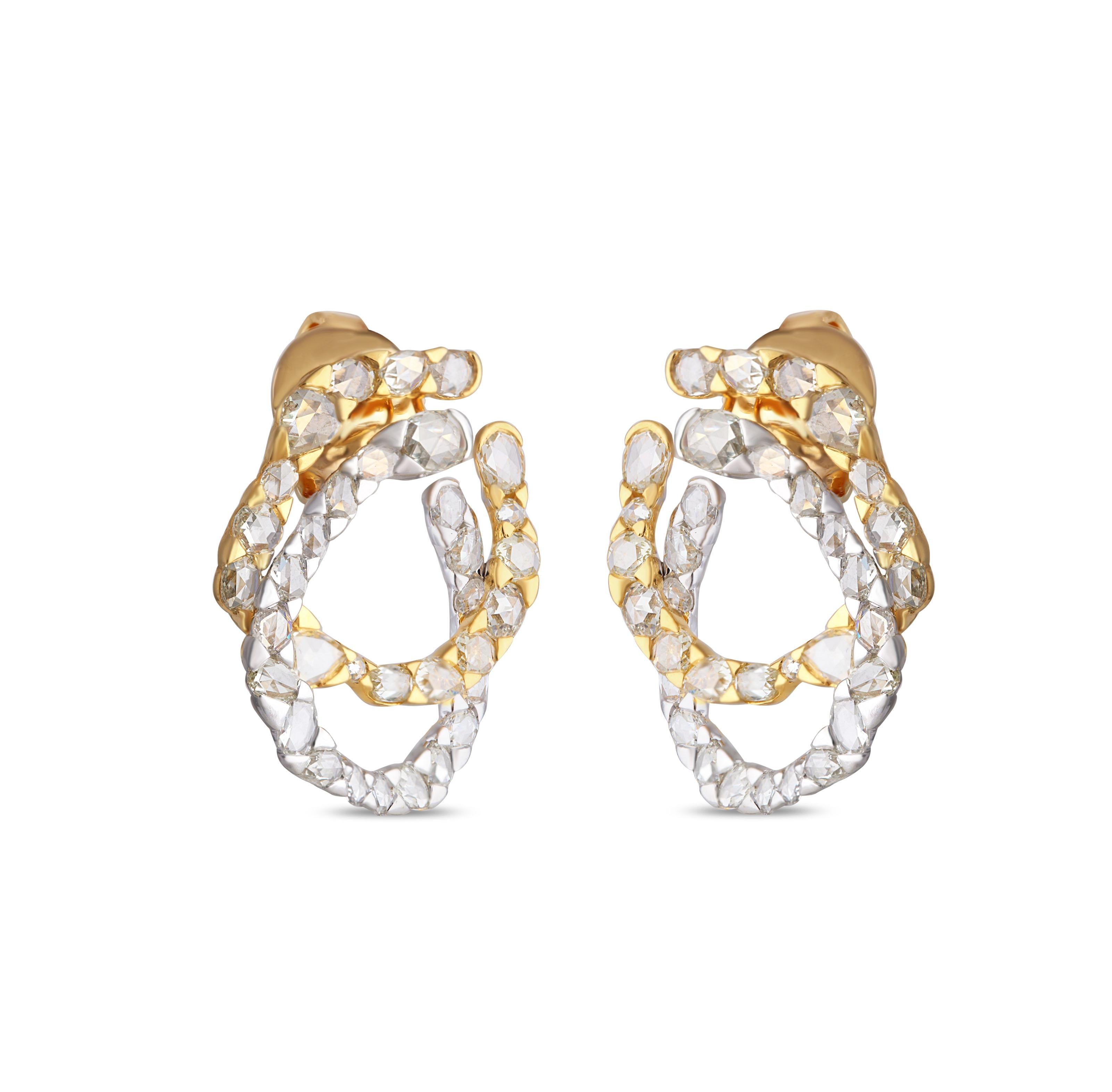 Rose Cut Studio Rêves Asymmetrical-Fancy Rosecut Diamond Stud Earrings in 18 Karat Gold For Sale