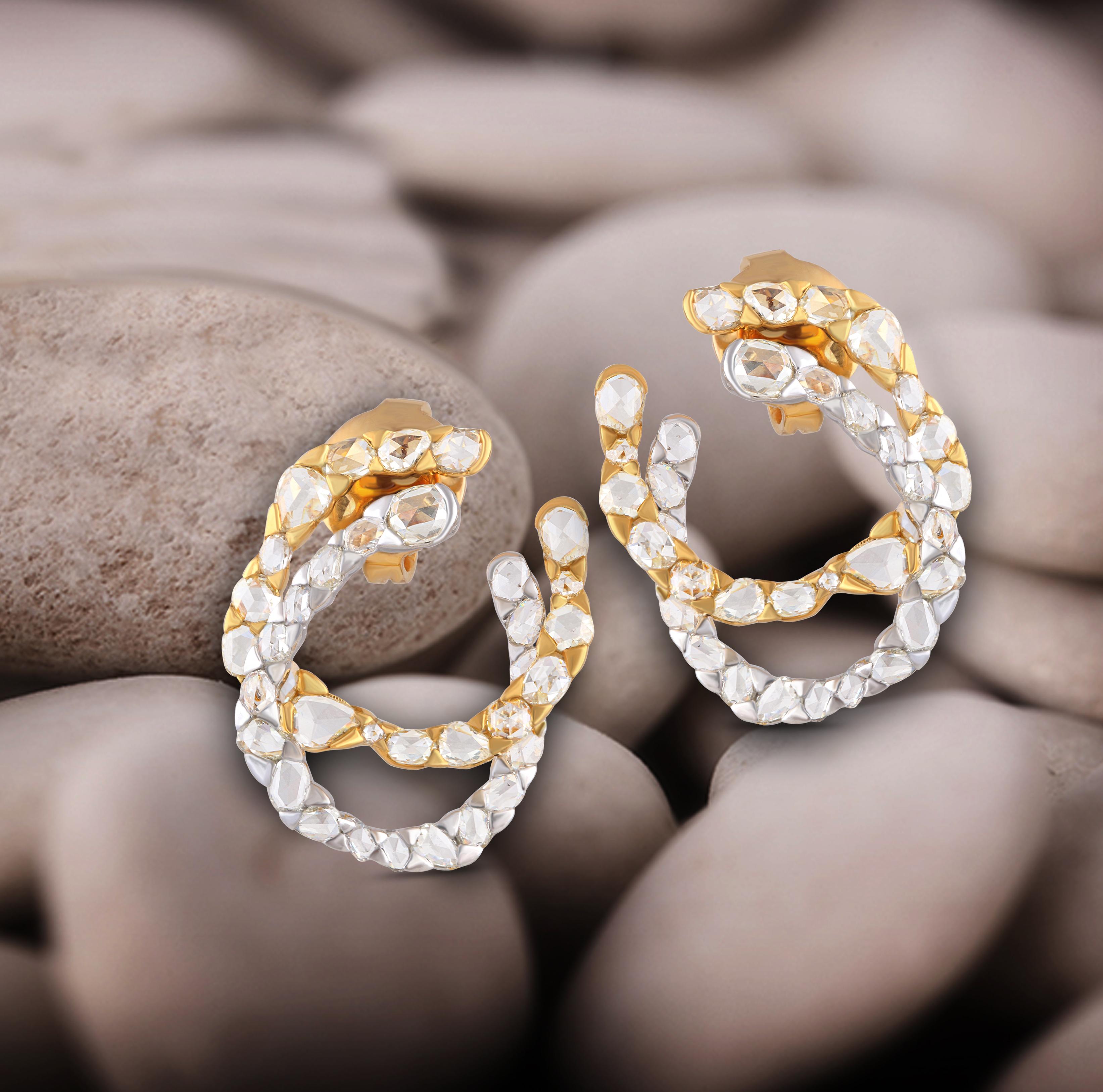 Men's Studio Rêves Asymmetrical-Fancy Rosecut Diamond Stud Earrings in 18 Karat Gold For Sale