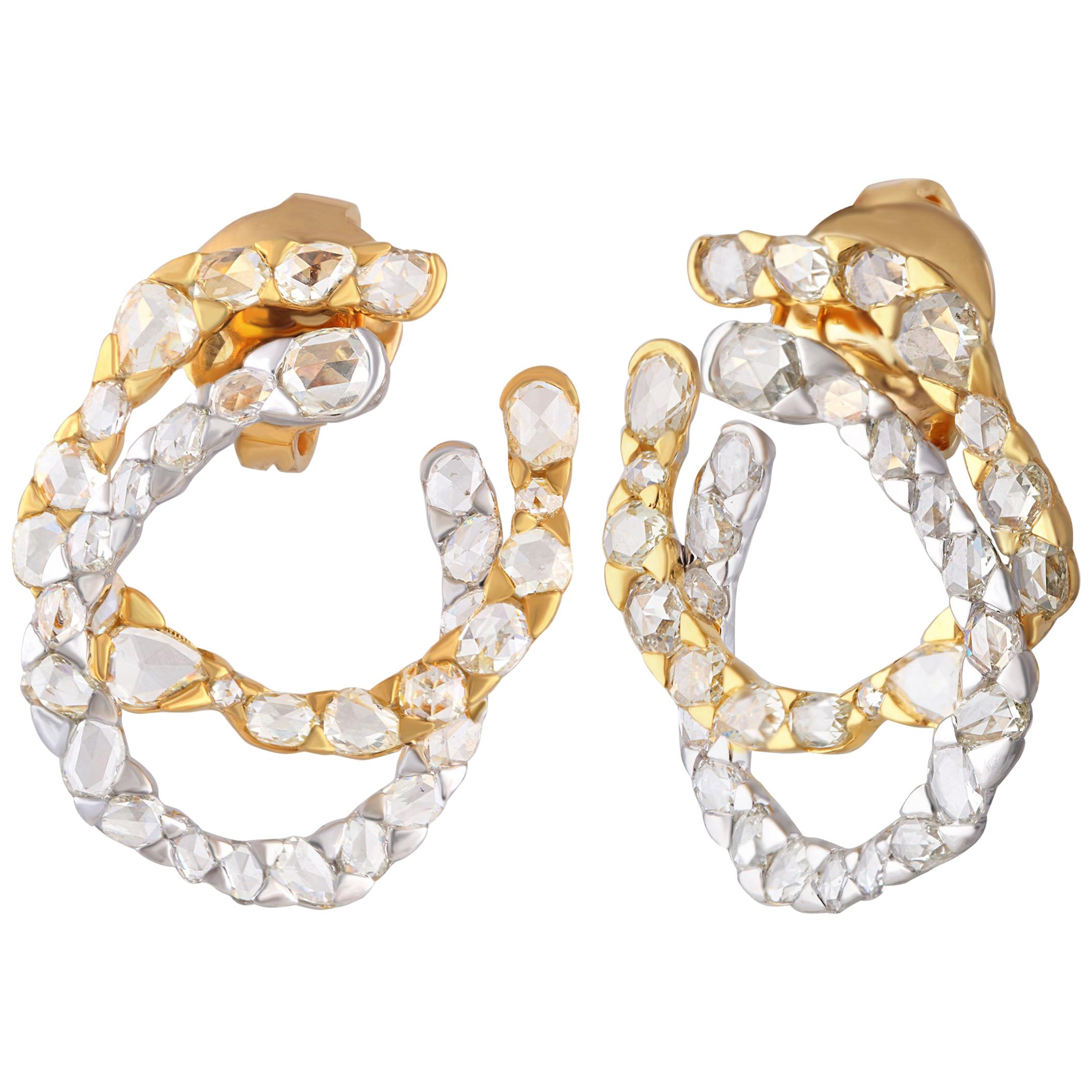 Studio Rêves Asymmetrical-Fancy Rosecut Diamond Stud Earrings in 18 Karat Gold For Sale