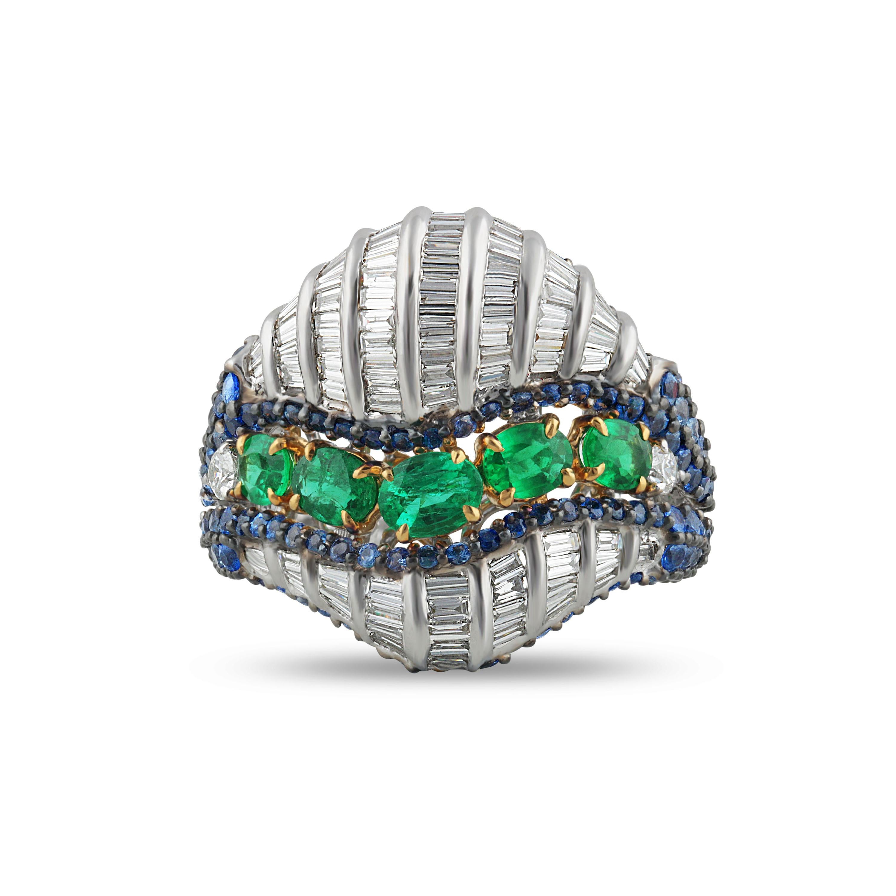 Studio Rêves Baguette Diamond with Emerald and Blue Sapphire Wave Cocktail Ring  In New Condition For Sale In Mumbai, Maharashtra