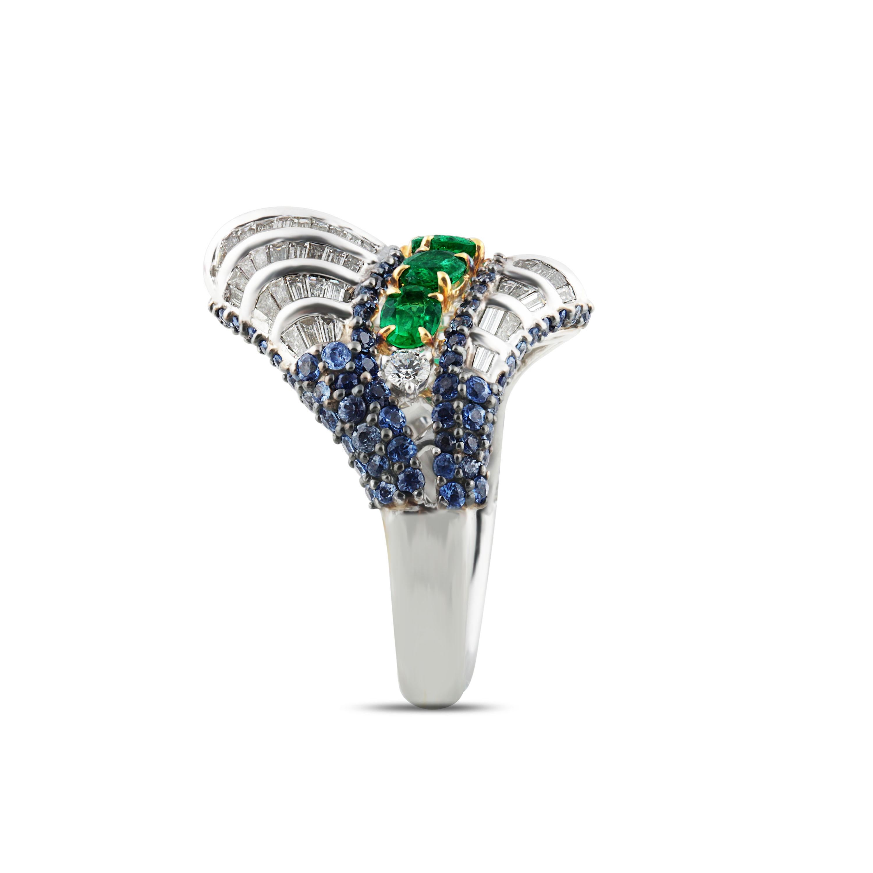 Women's Studio Rêves Baguette Diamond with Emerald and Blue Sapphire Wave Cocktail Ring  For Sale