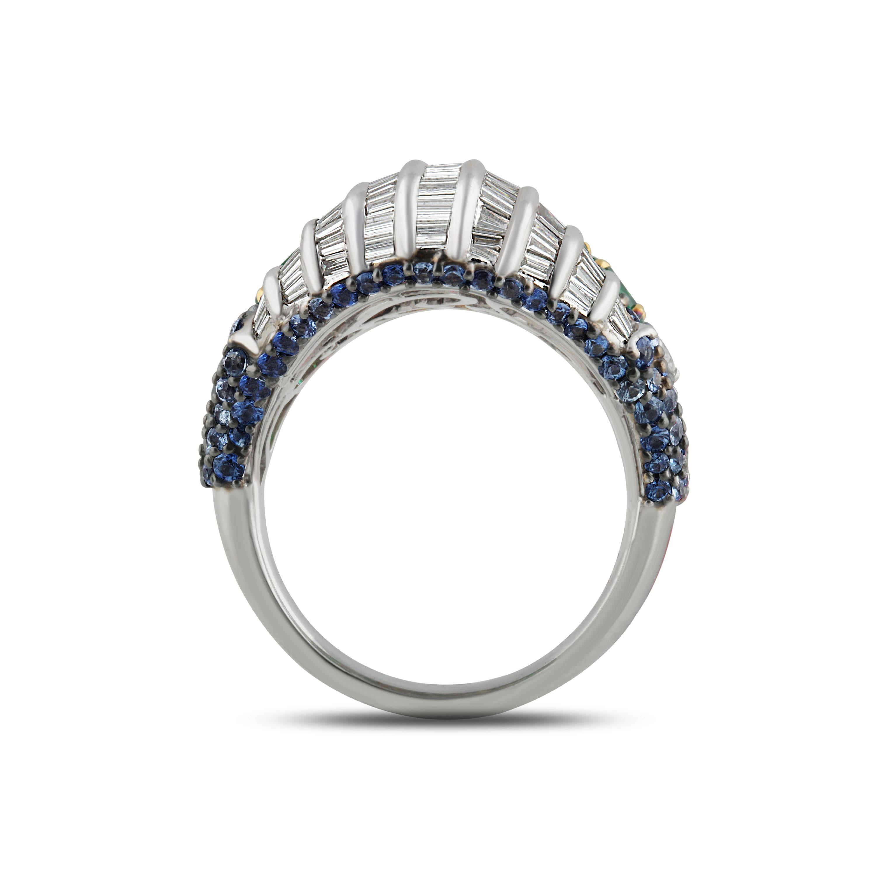 Studio Rêves Baguette Diamond with Emerald and Blue Sapphire Wave Cocktail Ring  For Sale 1