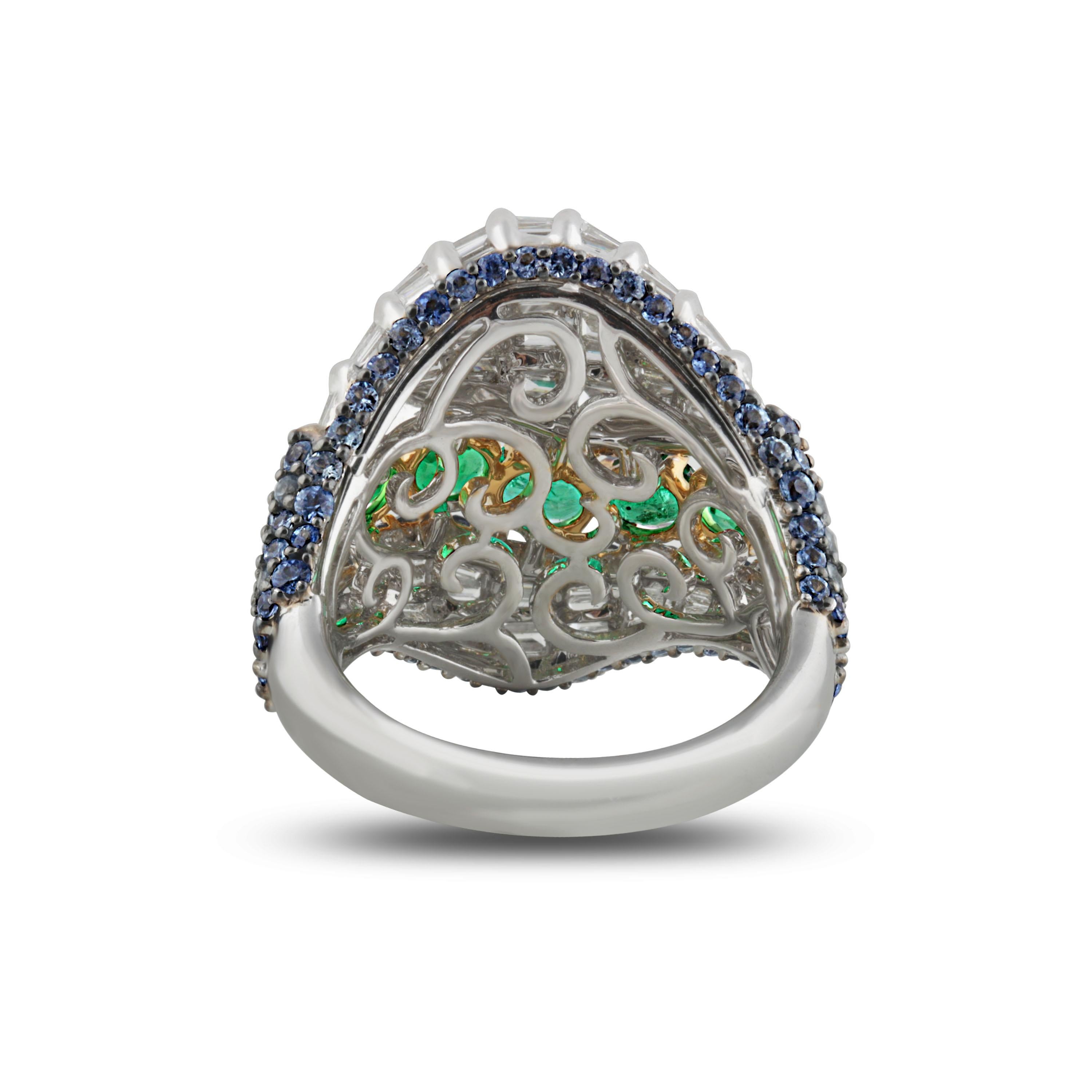 Studio Rêves Baguette Diamond with Emerald and Blue Sapphire Wave Cocktail Ring  For Sale 2