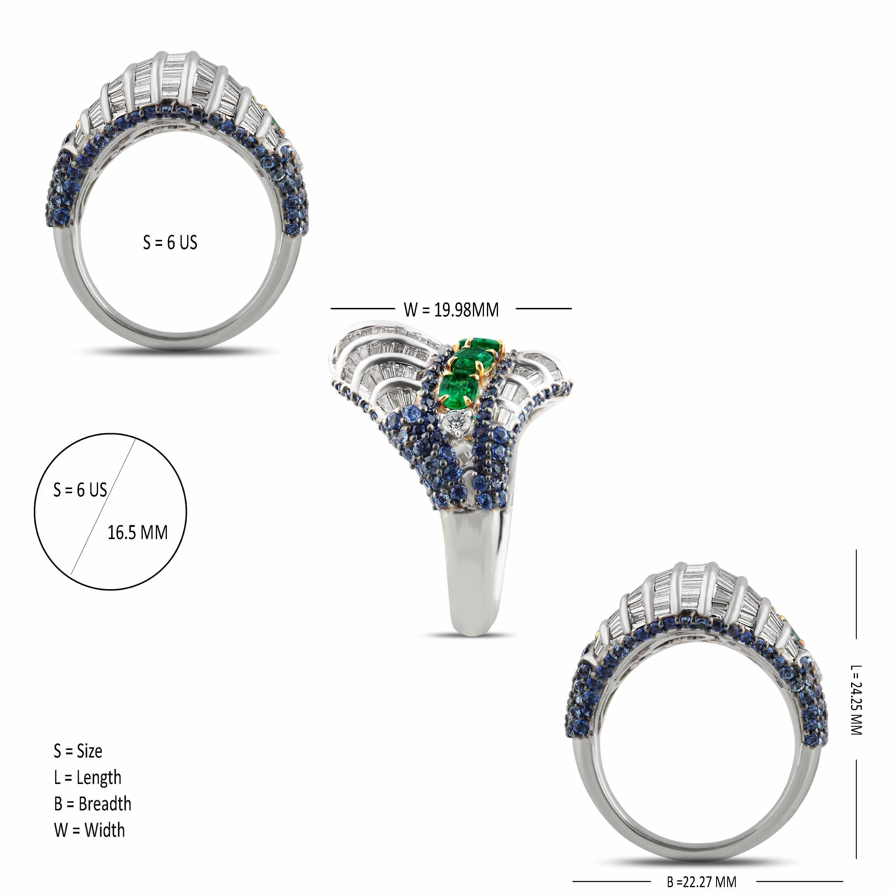 Contemporary Studio Rêves Baguette Diamond with Emerald and Blue Sapphire Wave Cocktail Ring  For Sale