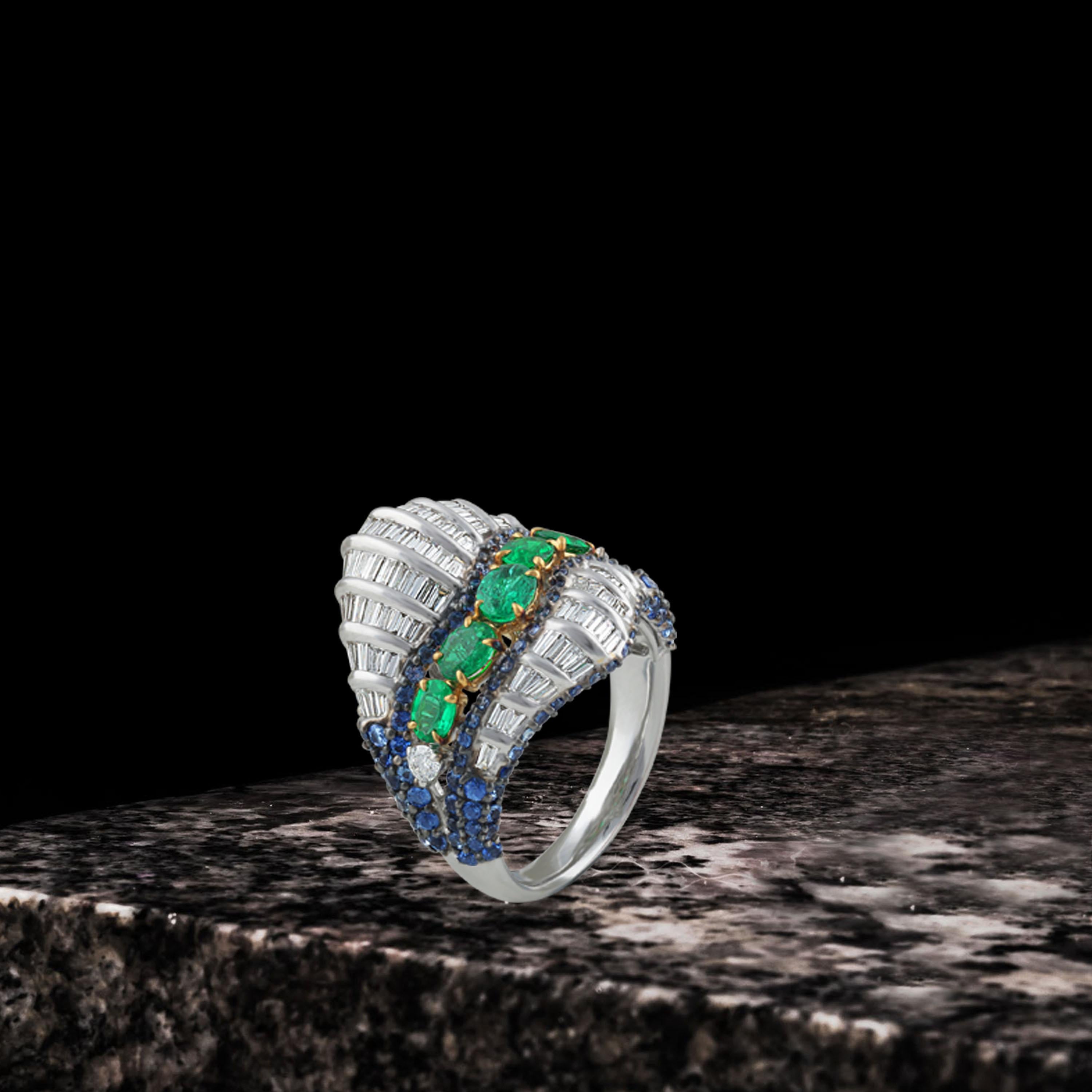 Studio Rêves Baguette Diamond with Emerald and Blue Sapphire Wave Cocktail Ring  For Sale 3