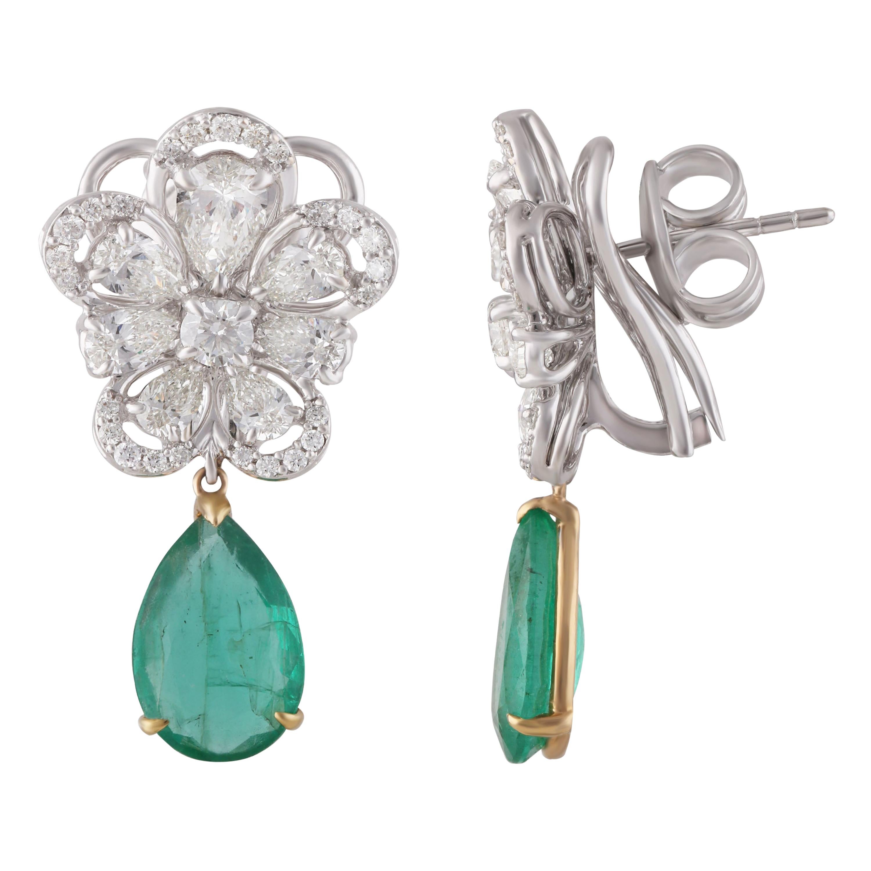 Studio Rêves Blossom Diamond and Emerald Drop Earrings in 18 Karat White Gold For Sale