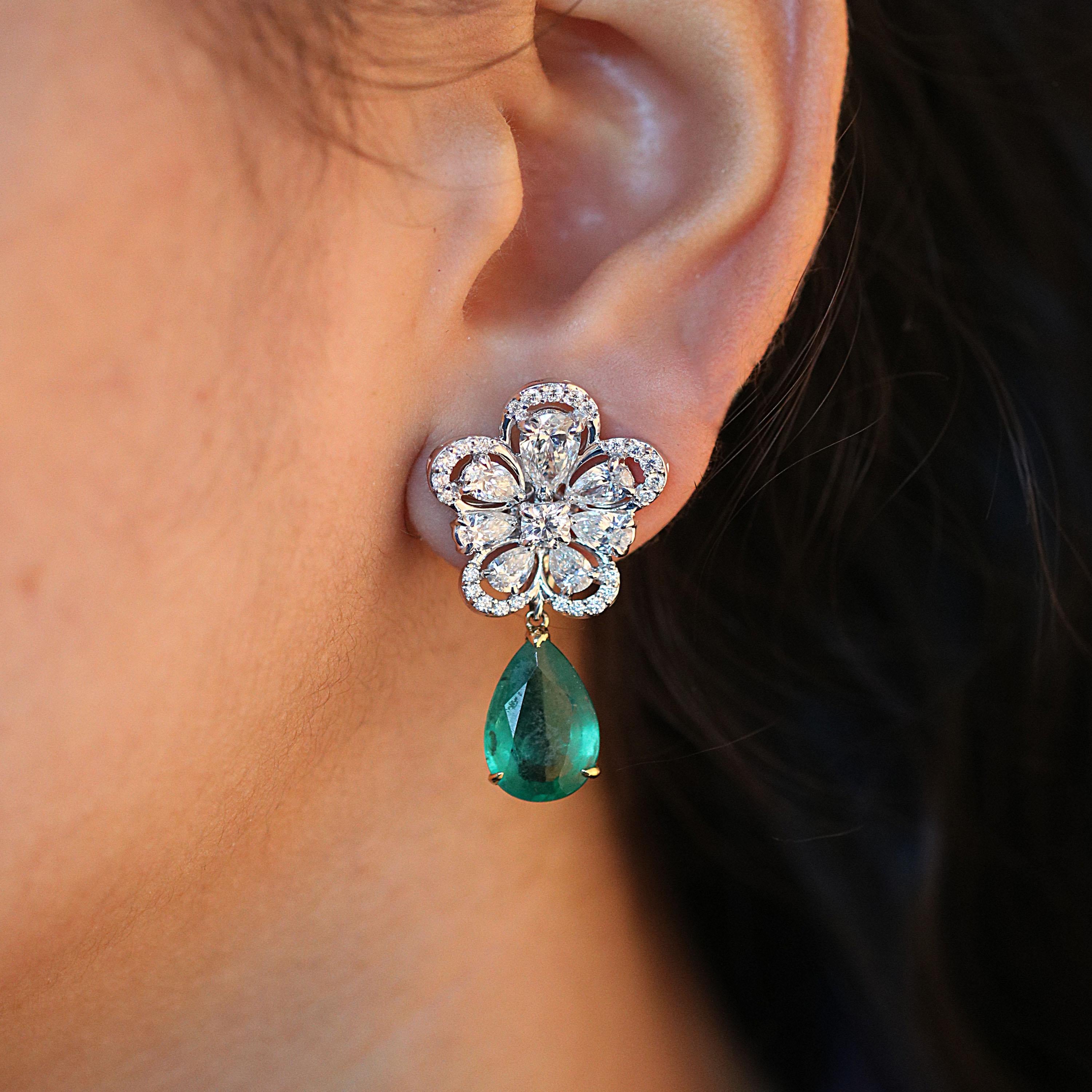 Gross Weight: 16.45 Grams
Diamond Weight: 3.92 cts
Emerald Weight: 5.69 cts
IGI Certification is done on request

Video of the product can be shared on request.

Each petal of the ornate flower is comprised of a pear shaped diamond, framed by round