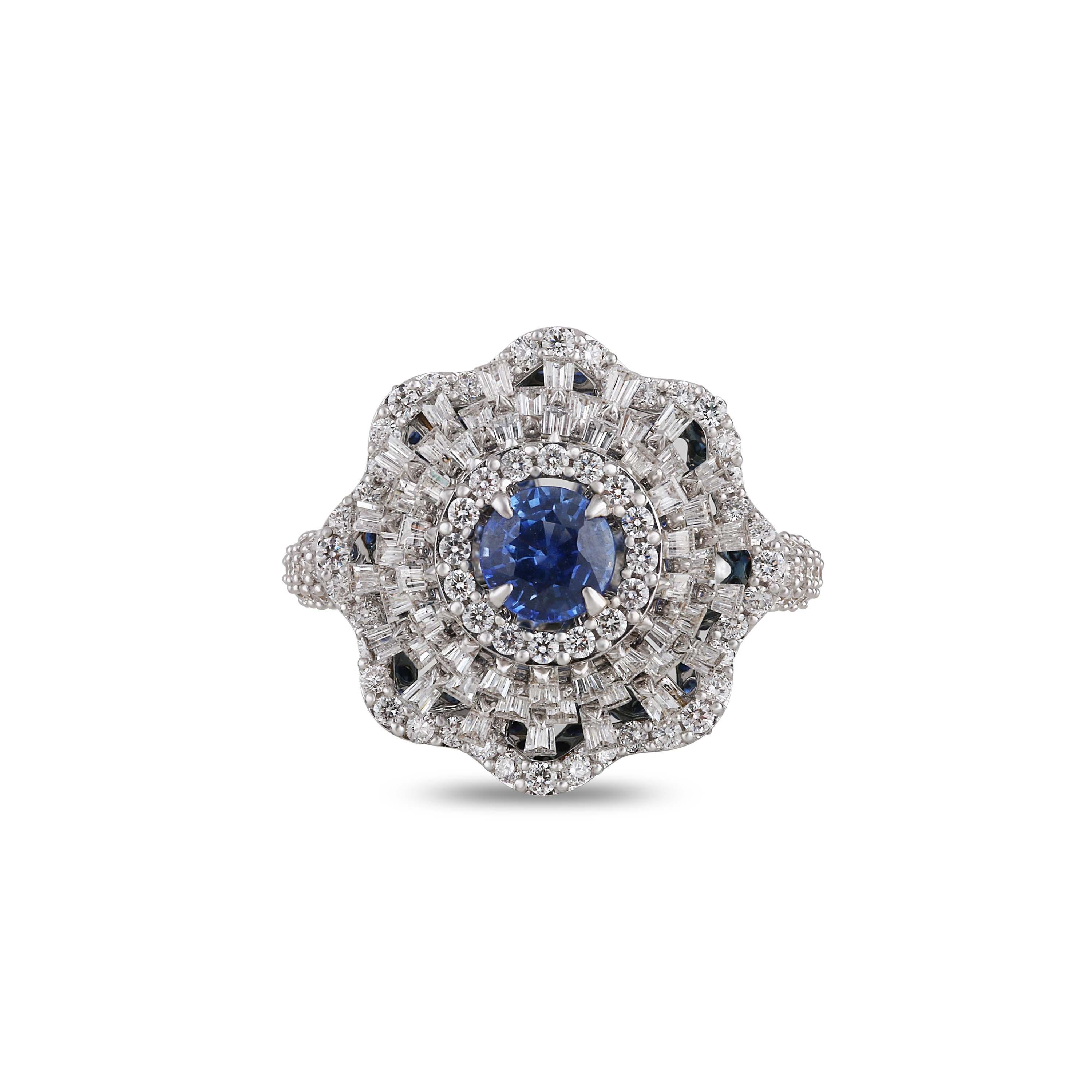 Baguette Cut Studio Rêves Blue Sapphire and Baguette Diamonds Cocktail Ring in 18 Karat Gold For Sale