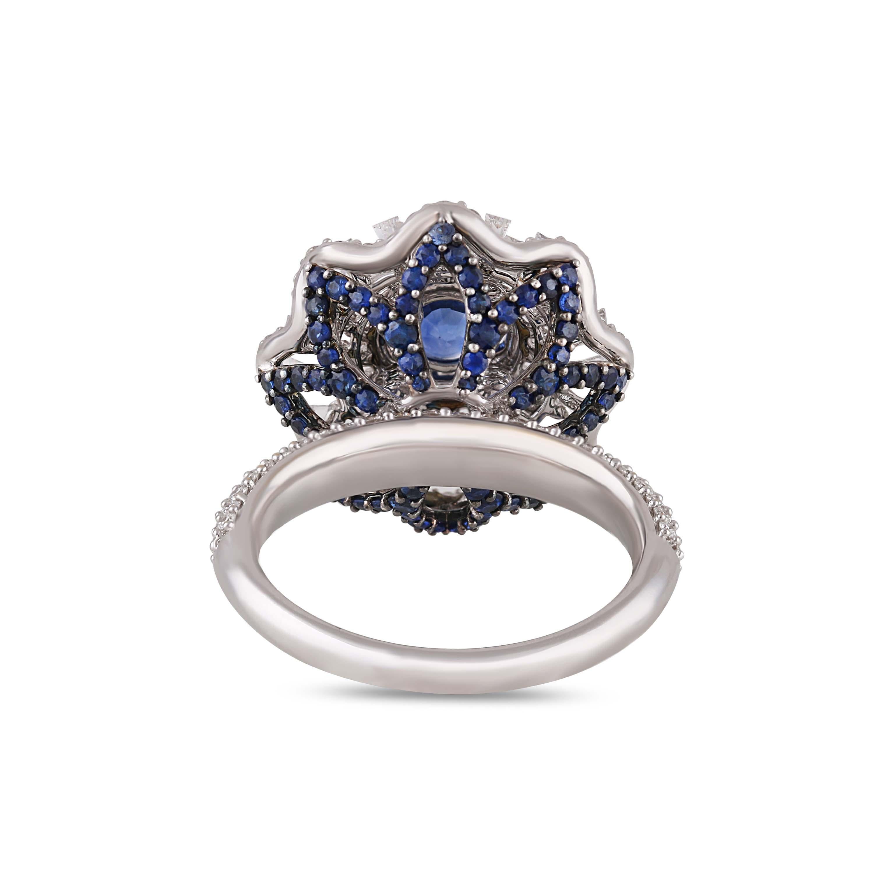 Studio Rêves Blue Sapphire and Baguette Diamonds Cocktail Ring in 18 Karat Gold For Sale 1