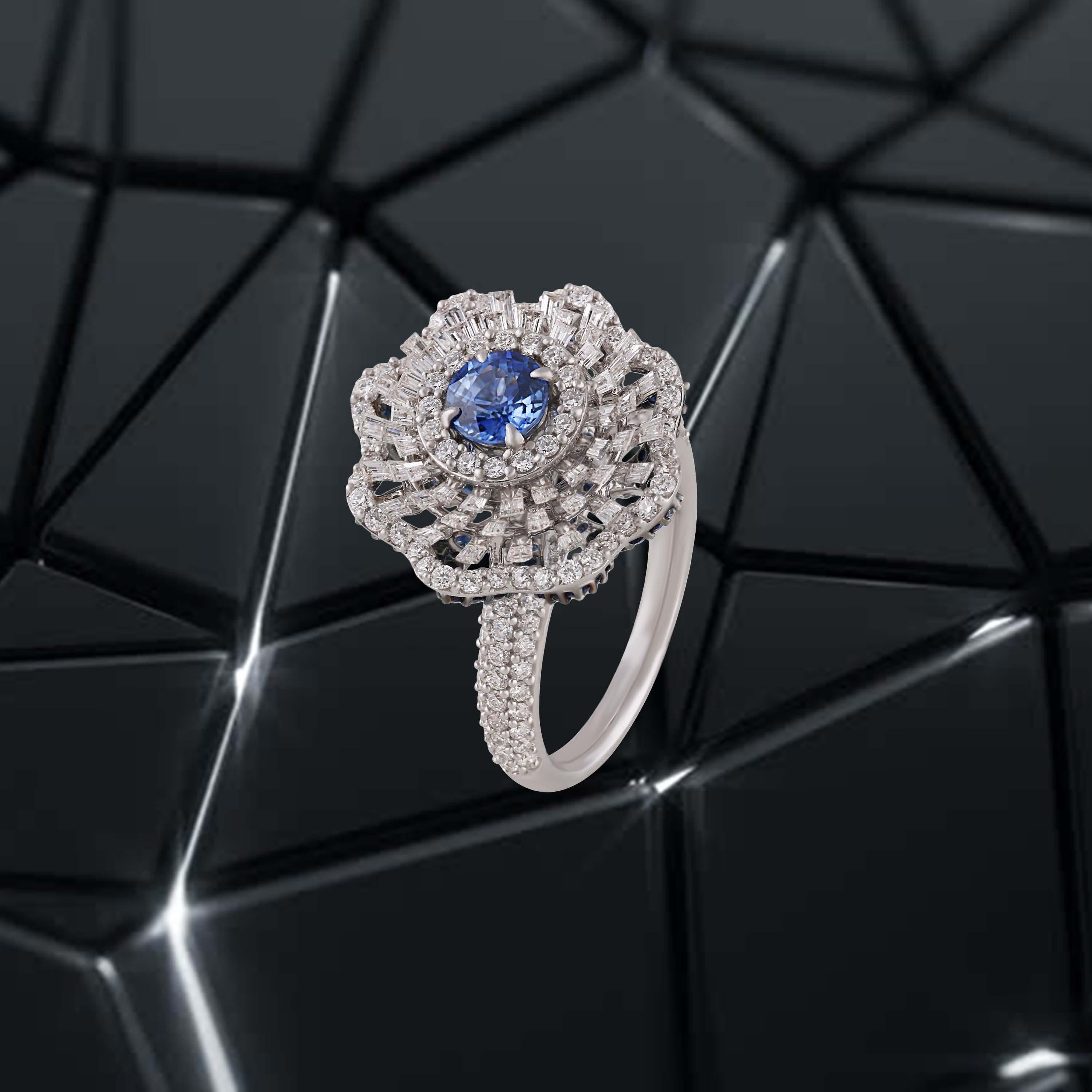 Studio Rêves Blue Sapphire and Baguette Diamonds Cocktail Ring in 18 Karat Gold For Sale 2