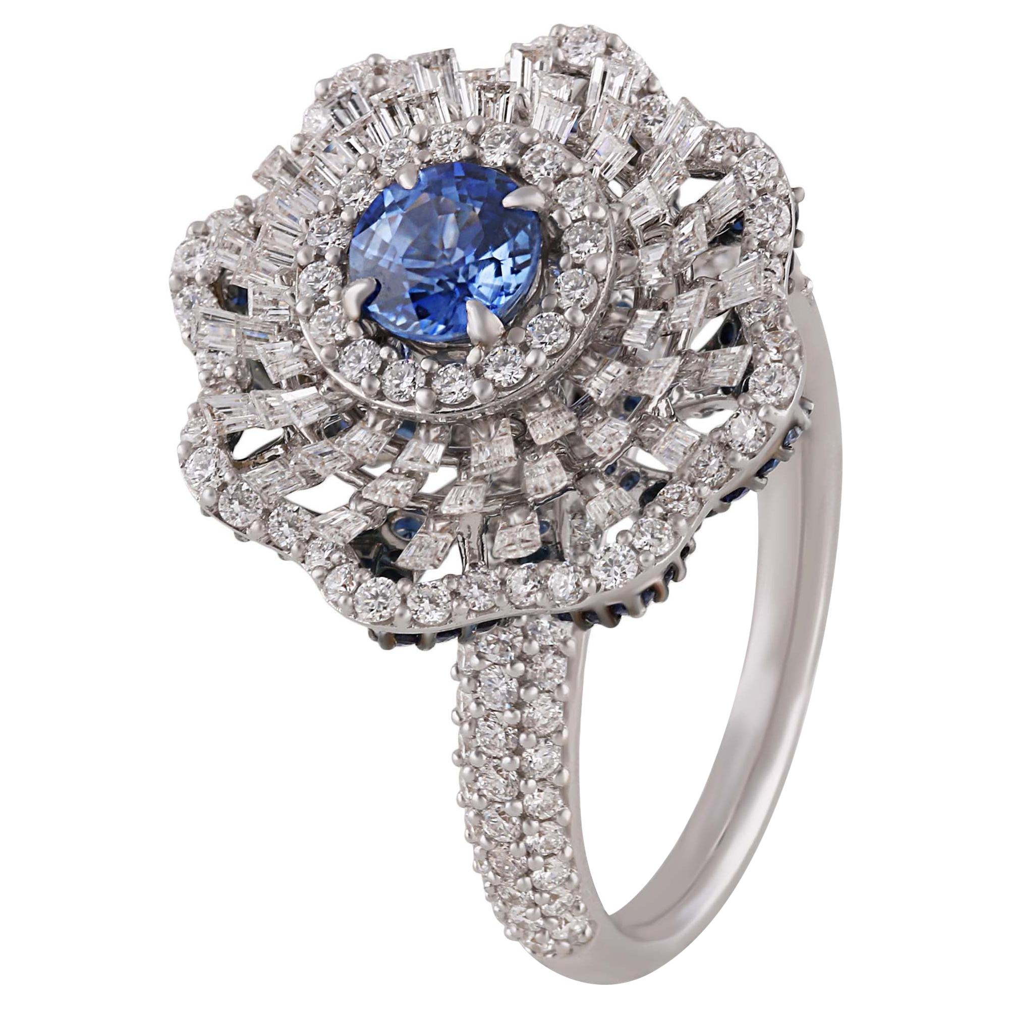 Studio Rêves Blue Sapphire and Baguette Diamonds Cocktail Ring in 18 Karat Gold For Sale