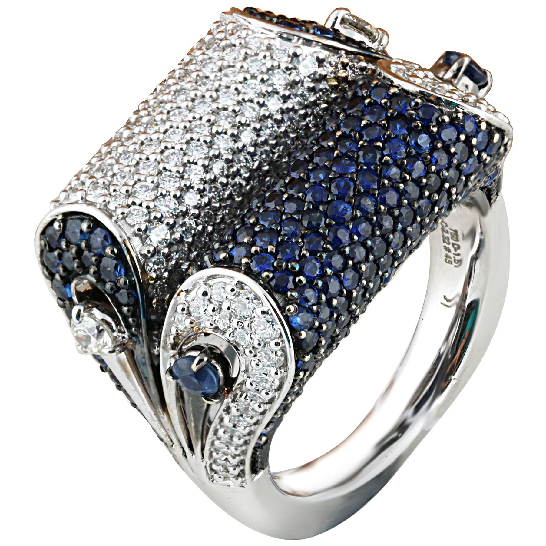 Studio Rêves Blue Sapphire and Diamond Dome Ring in 18 Karat White Gold For Sale