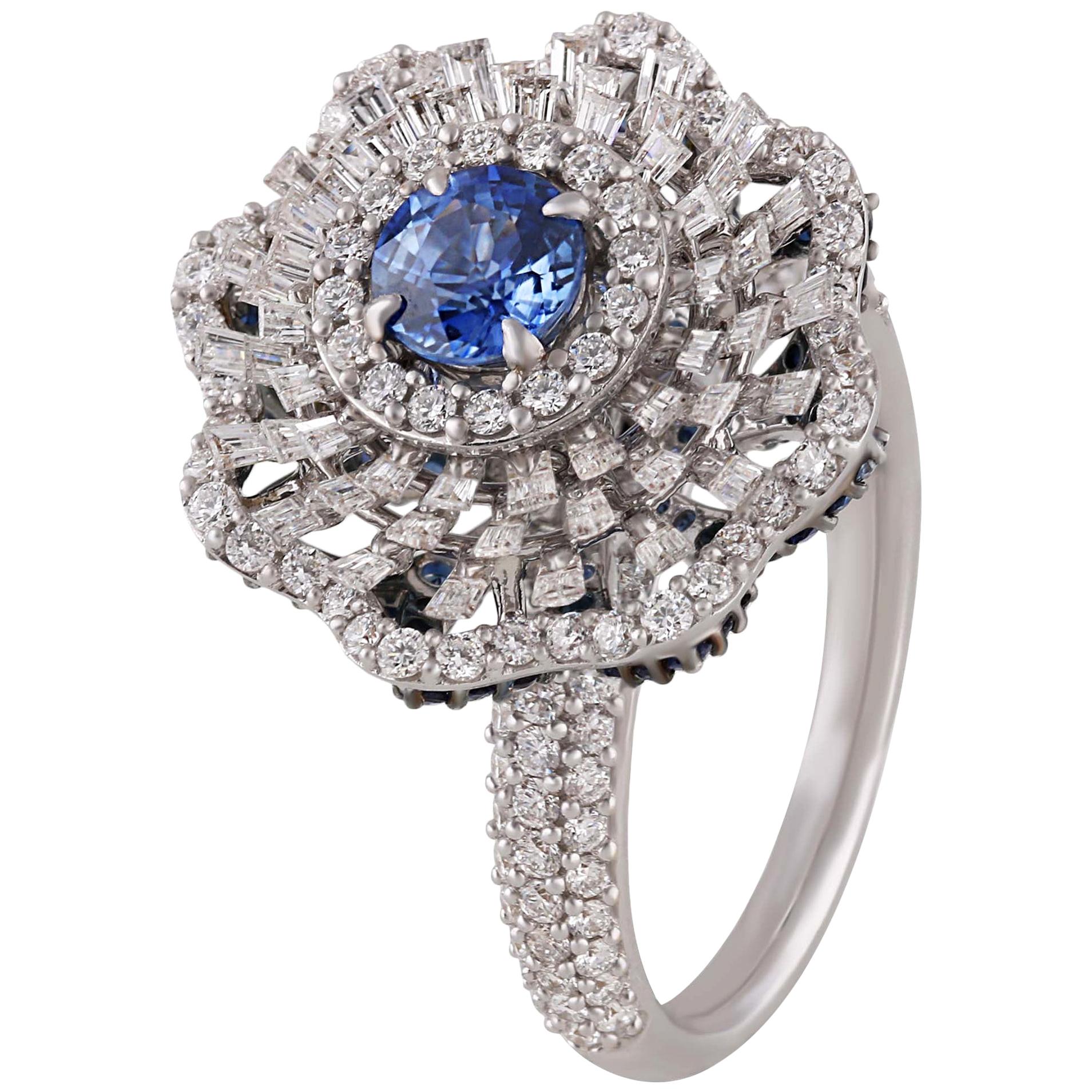 Studio Rêves Blue Sapphire and Diamond Ring in 18 Karat Gold For Sale