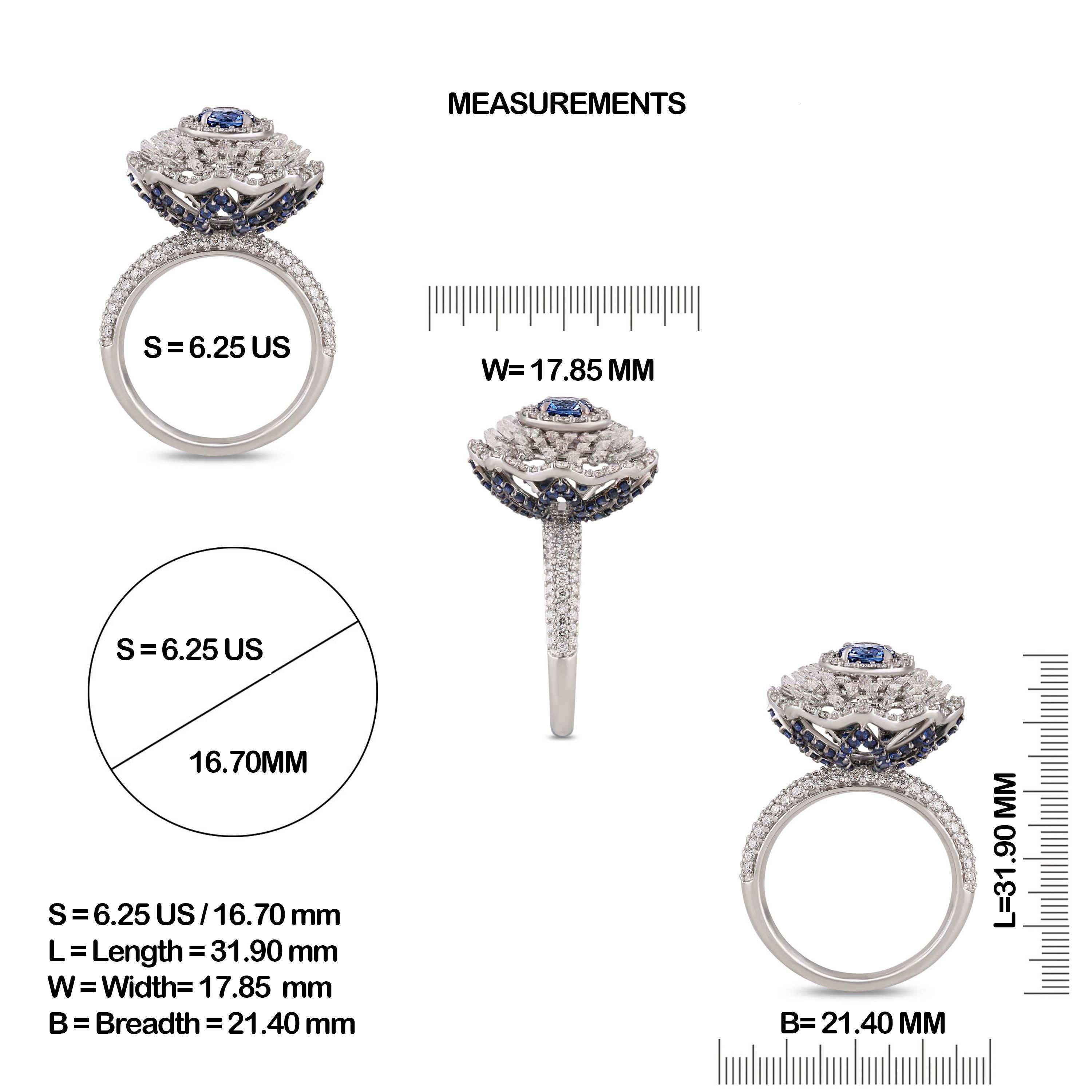 Gross Weight: 8.05 Grams
Diamond Weight: 1.60 cts
Blue Sapphire Weight: 1.34 cts
Ring Size: US 6 ¼ (Resizing can be Done)
IGI Certification can be done on Request

Video of the product can be shared on request.

A piece of jewellery that brightens