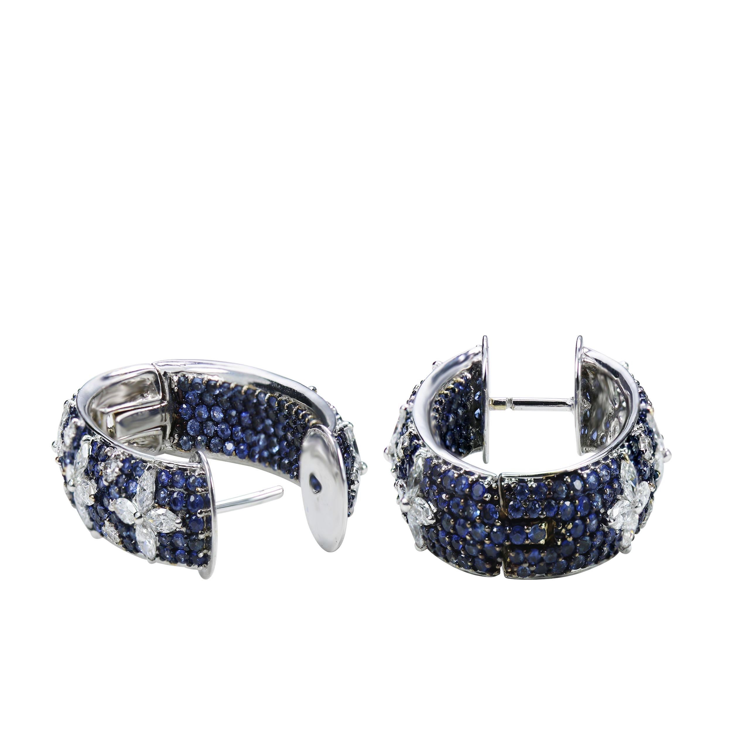 Studio Rêves Blue Sapphire and Marquise Hoop Earrings in 18 Karat White Gold For Sale 1