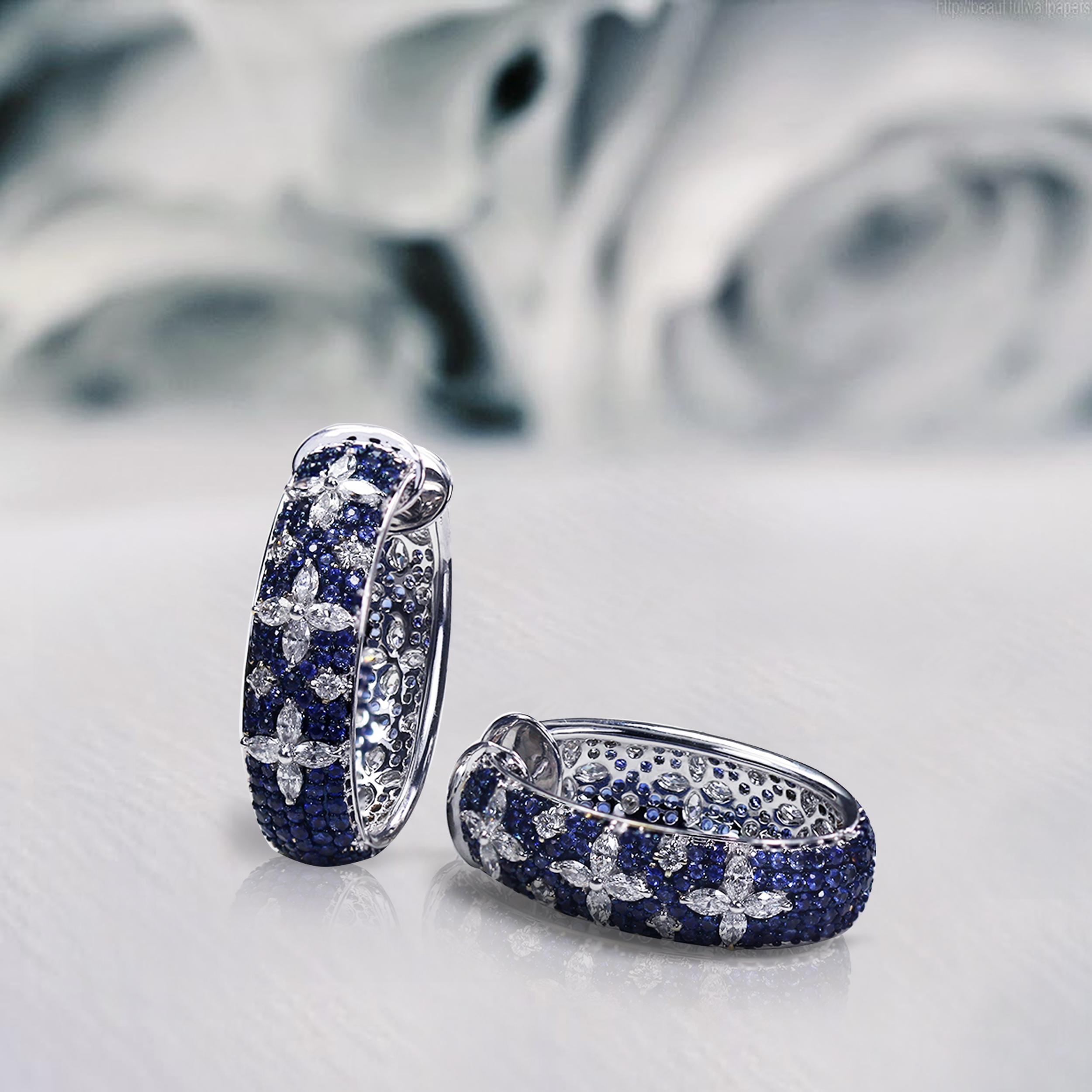 Studio Rêves Blue Sapphire and Marquise Hoop Earrings in 18 Karat White Gold For Sale 3