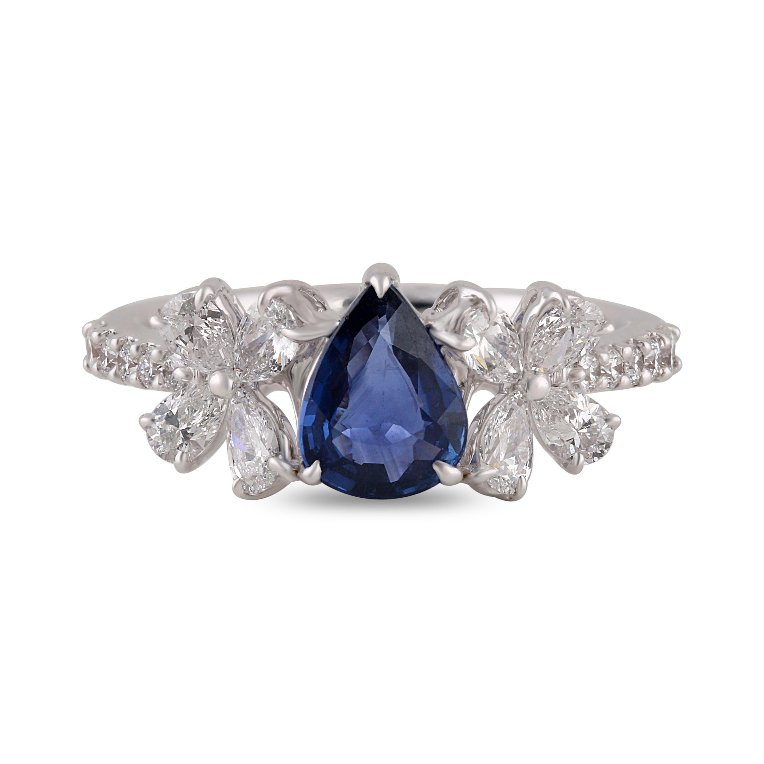 Women's Studio Rêves Blue Sapphire Pear with Fancy and Round Diamond Ring in 18k Gold For Sale