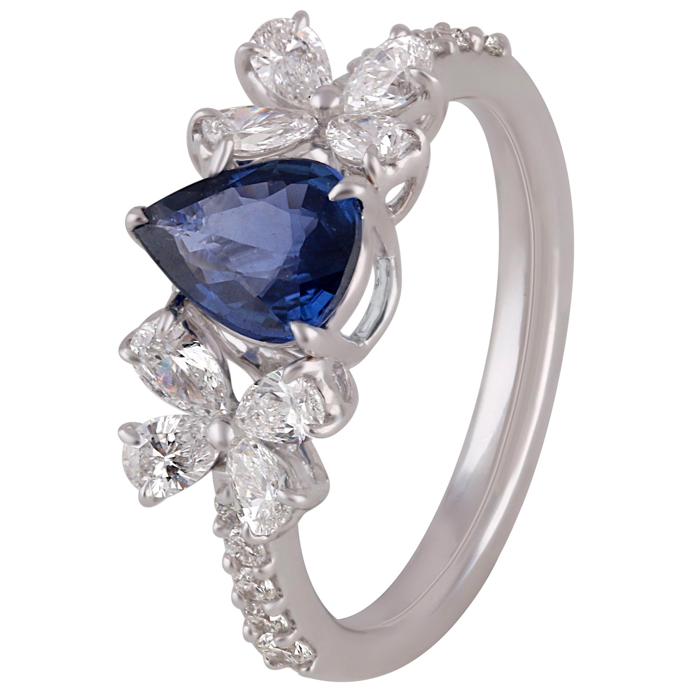 Studio Rêves Blue Sapphire Pear with Fancy and Round Diamond Ring in 18k Gold For Sale