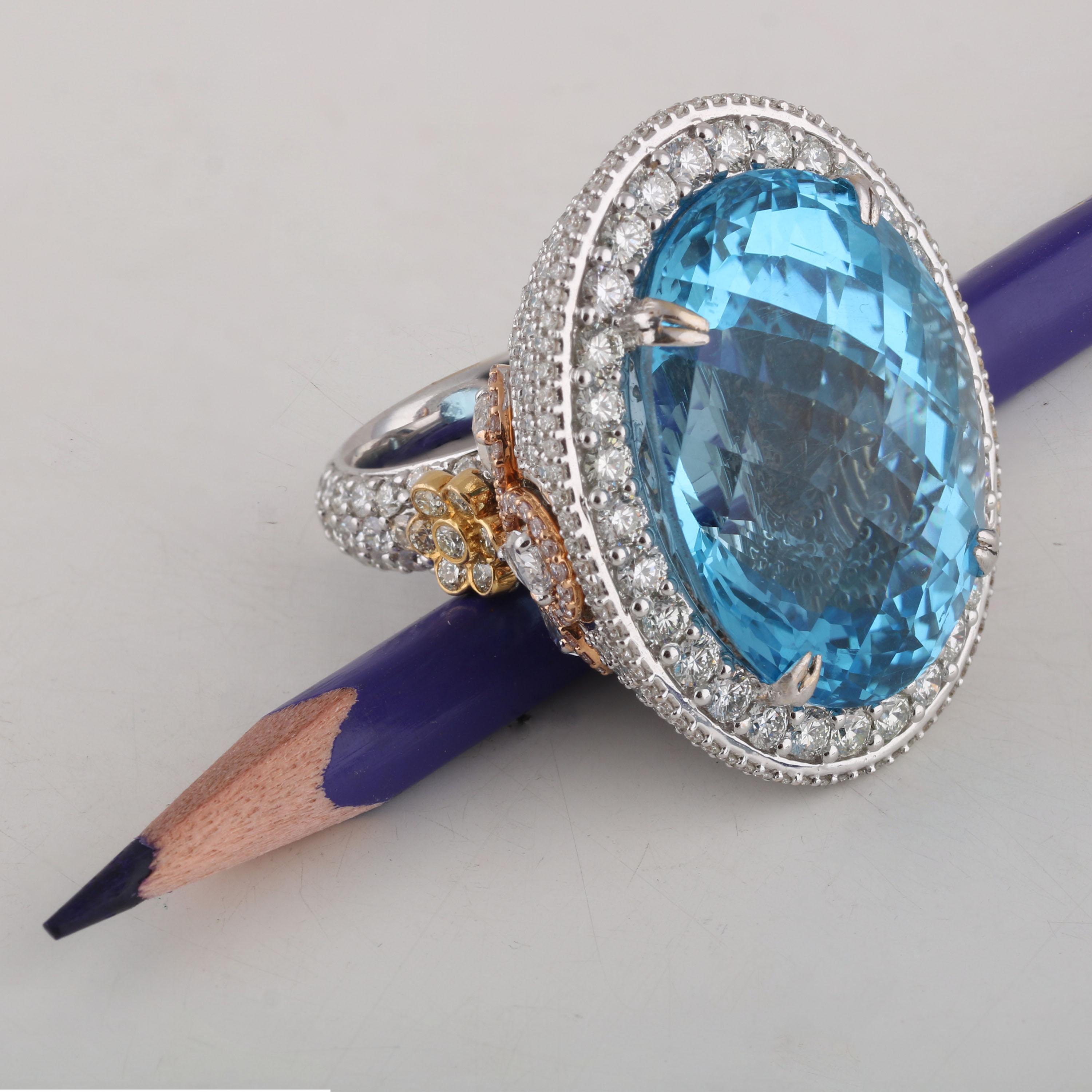 Oval Cut Studio Rêves Blue Topaz and Diamond Cocktail Ring in 18 Karat Gold For Sale