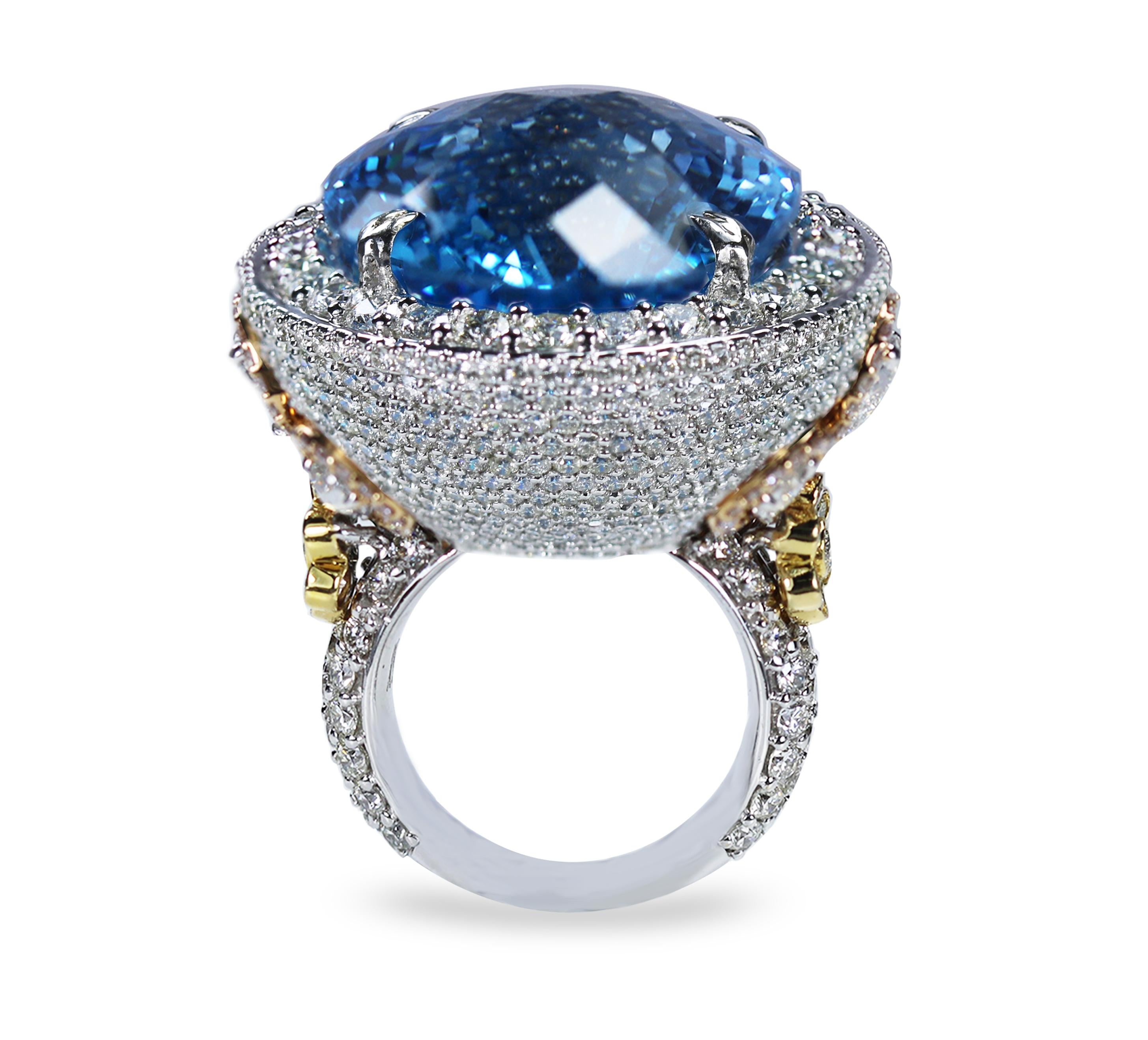 Studio Rêves Blue Topaz and Diamond Cocktail Ring in 18 Karat Gold For Sale 1