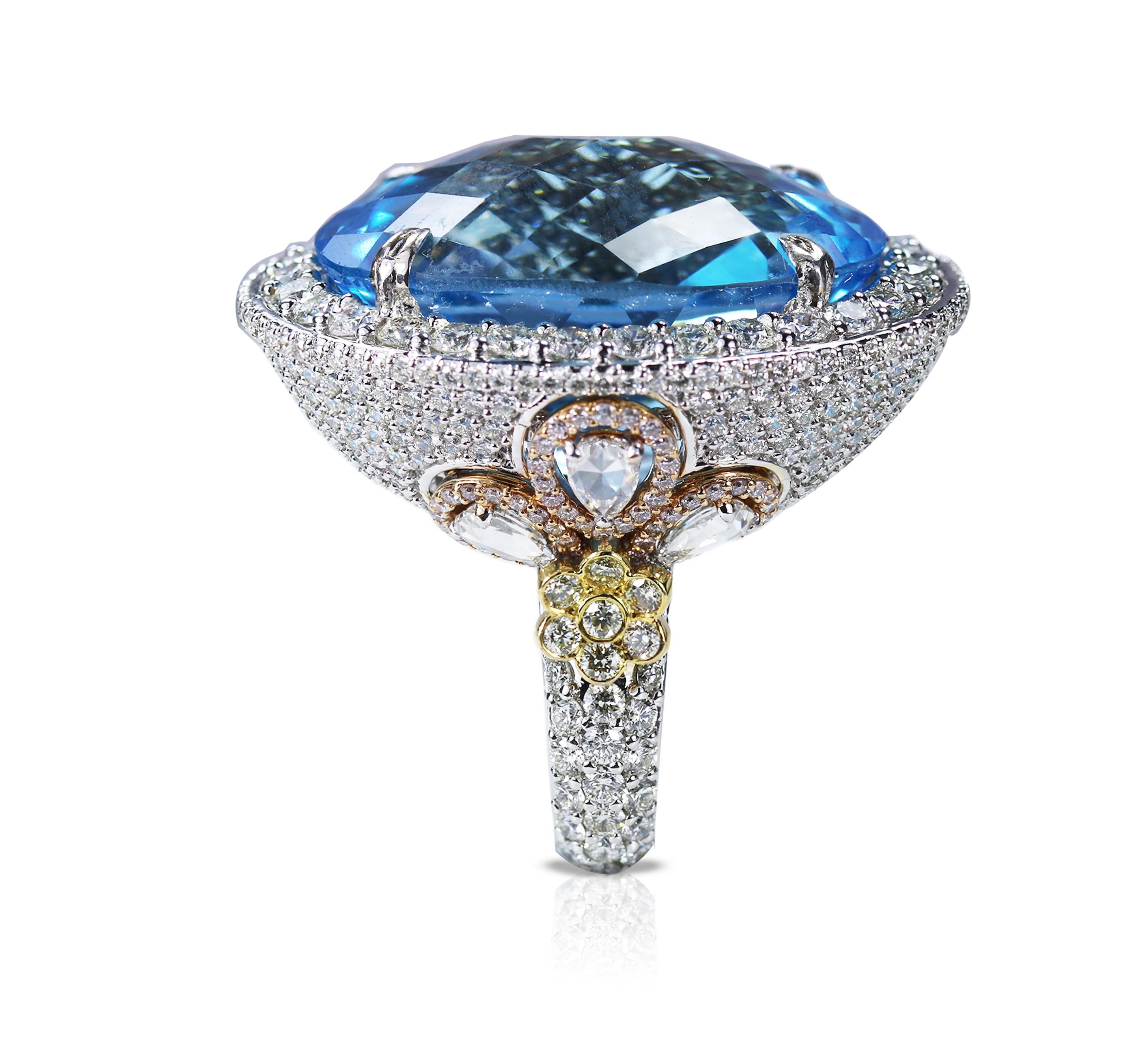 Studio Rêves Blue Topaz and Diamond Cocktail Ring in 18 Karat Gold For Sale 3