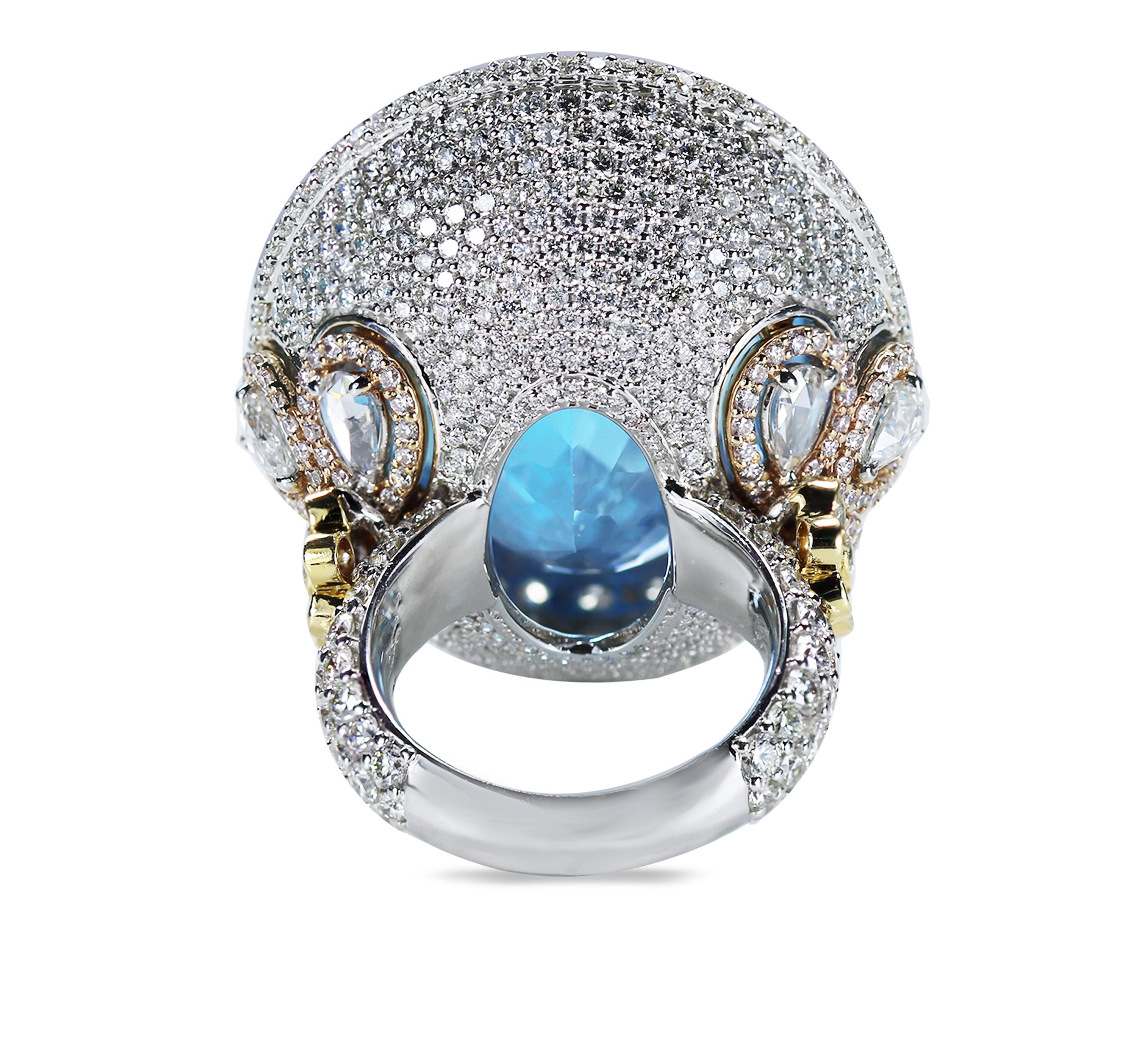 Studio Rêves Blue Topaz and Diamond Cocktail Ring in 18 Karat Gold For Sale 4